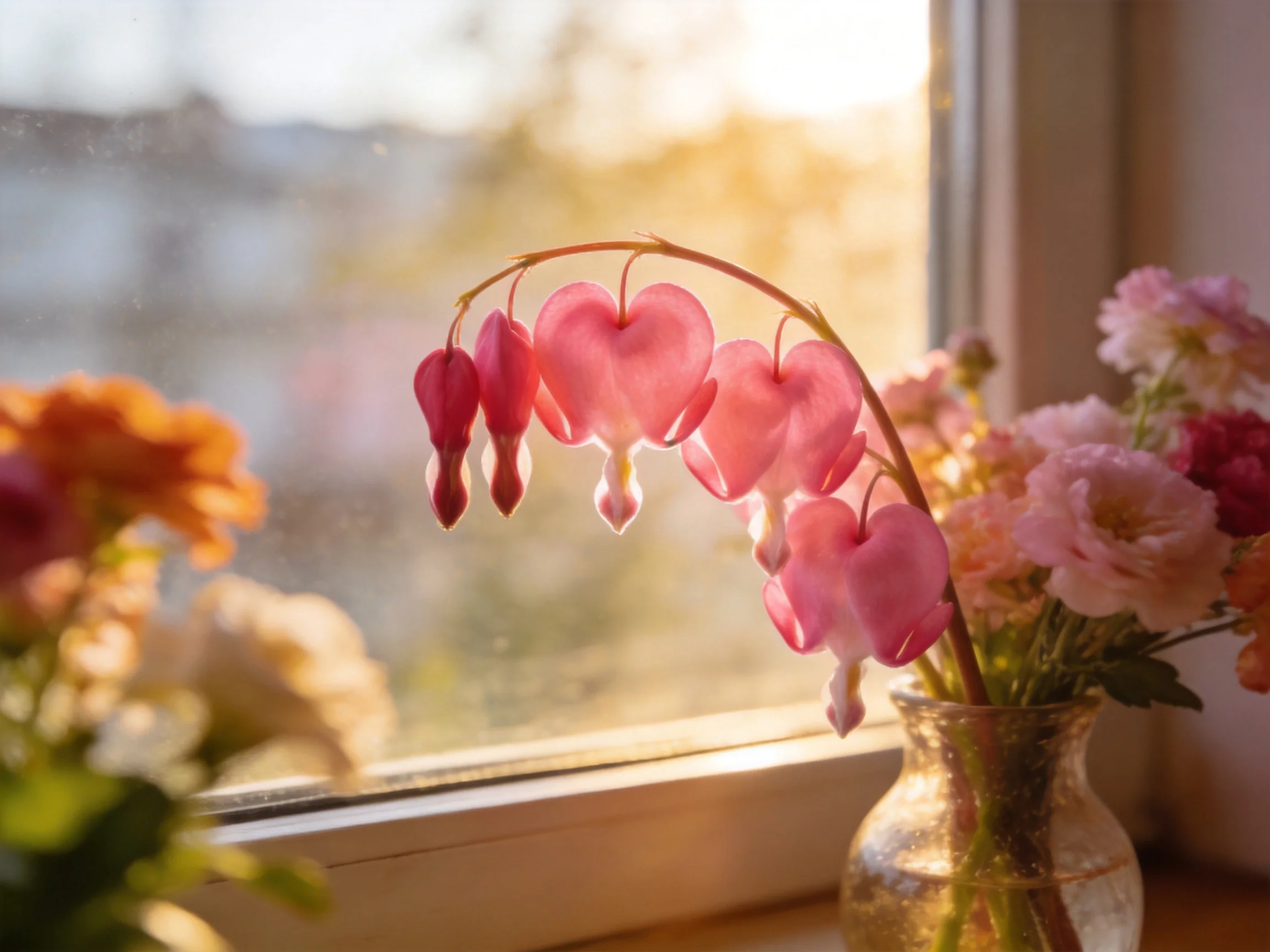 Pink bleeding hearts and assorted blooms in a sunlit window vase