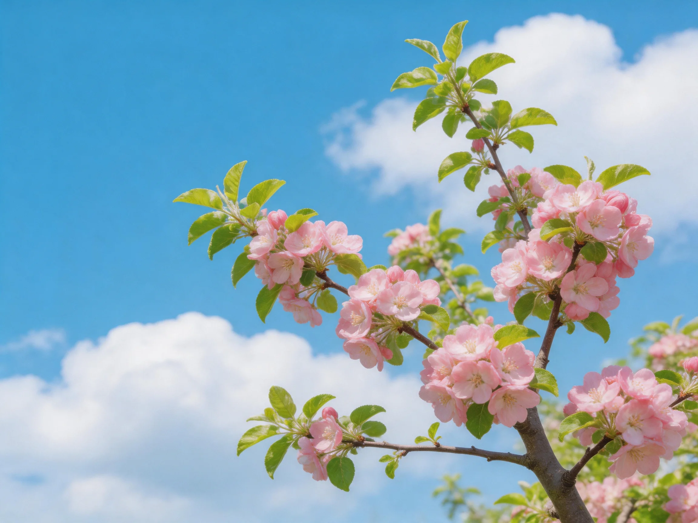 Pink blossoms bloom on a tree branch against a bright blue sky