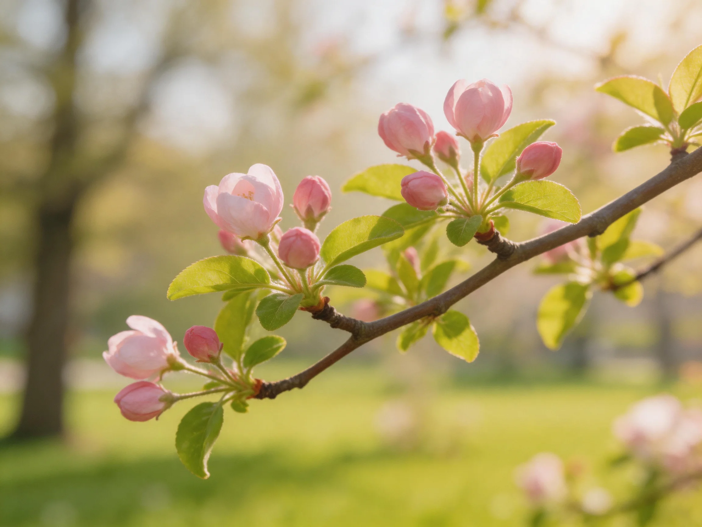 Pink blossoms bloom on a tree branch under bright sunlight