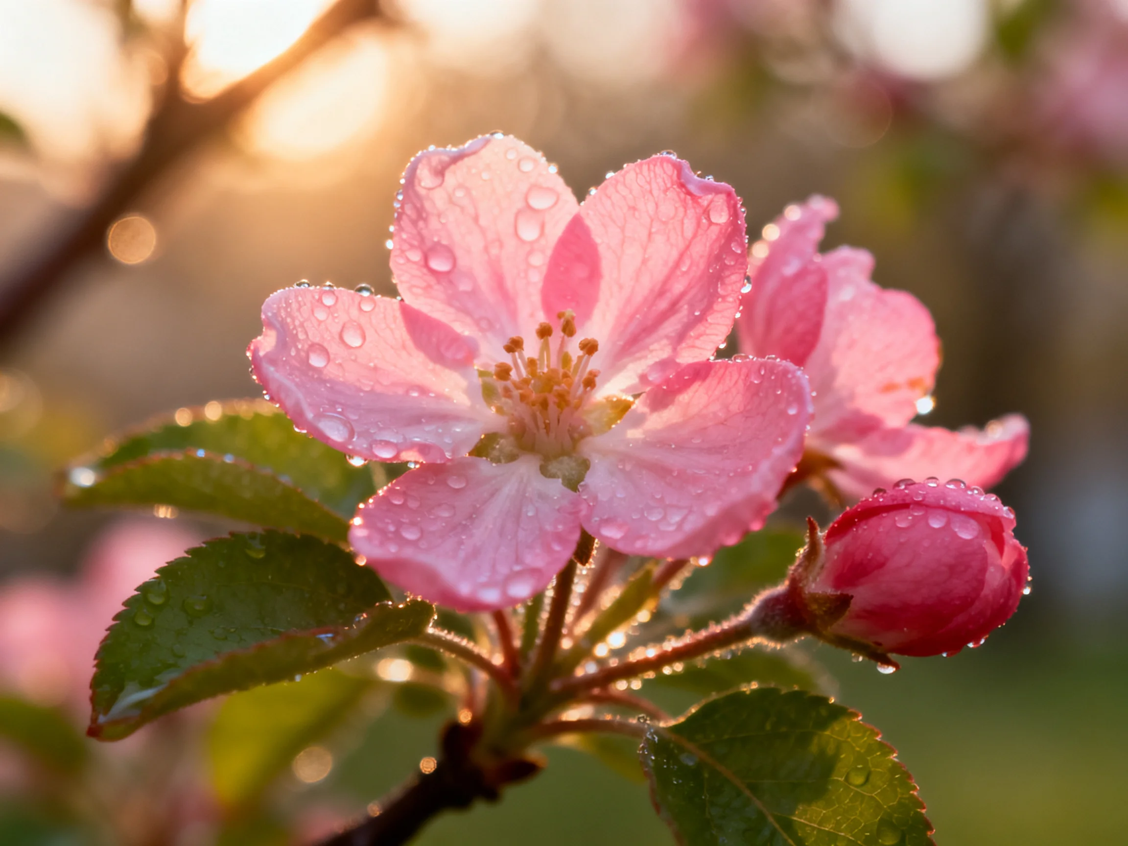 Pink blossoms with dewdrops illuminated by morning light