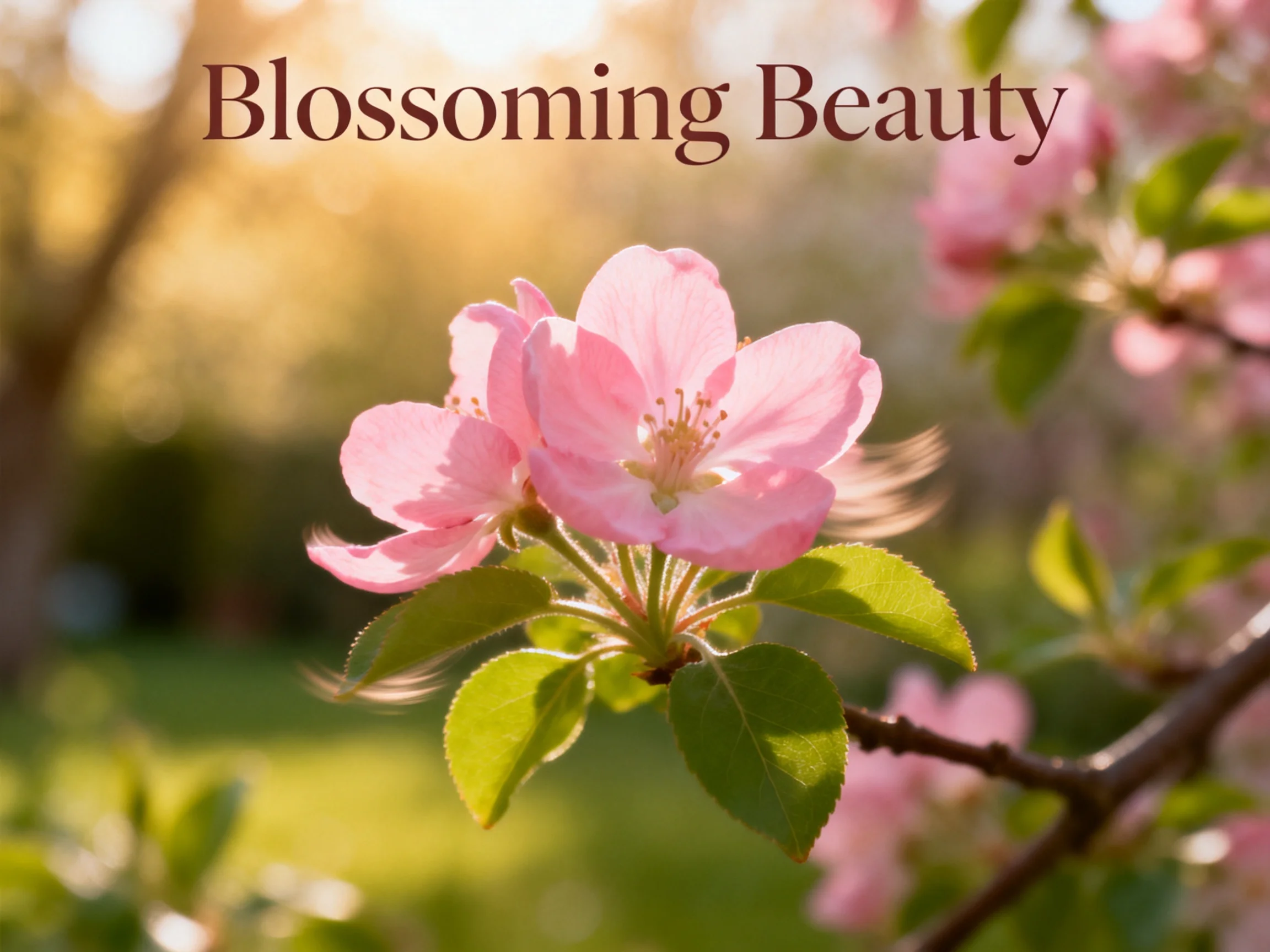 Pink blossoms with lush green leaves bathed in warm sunlight