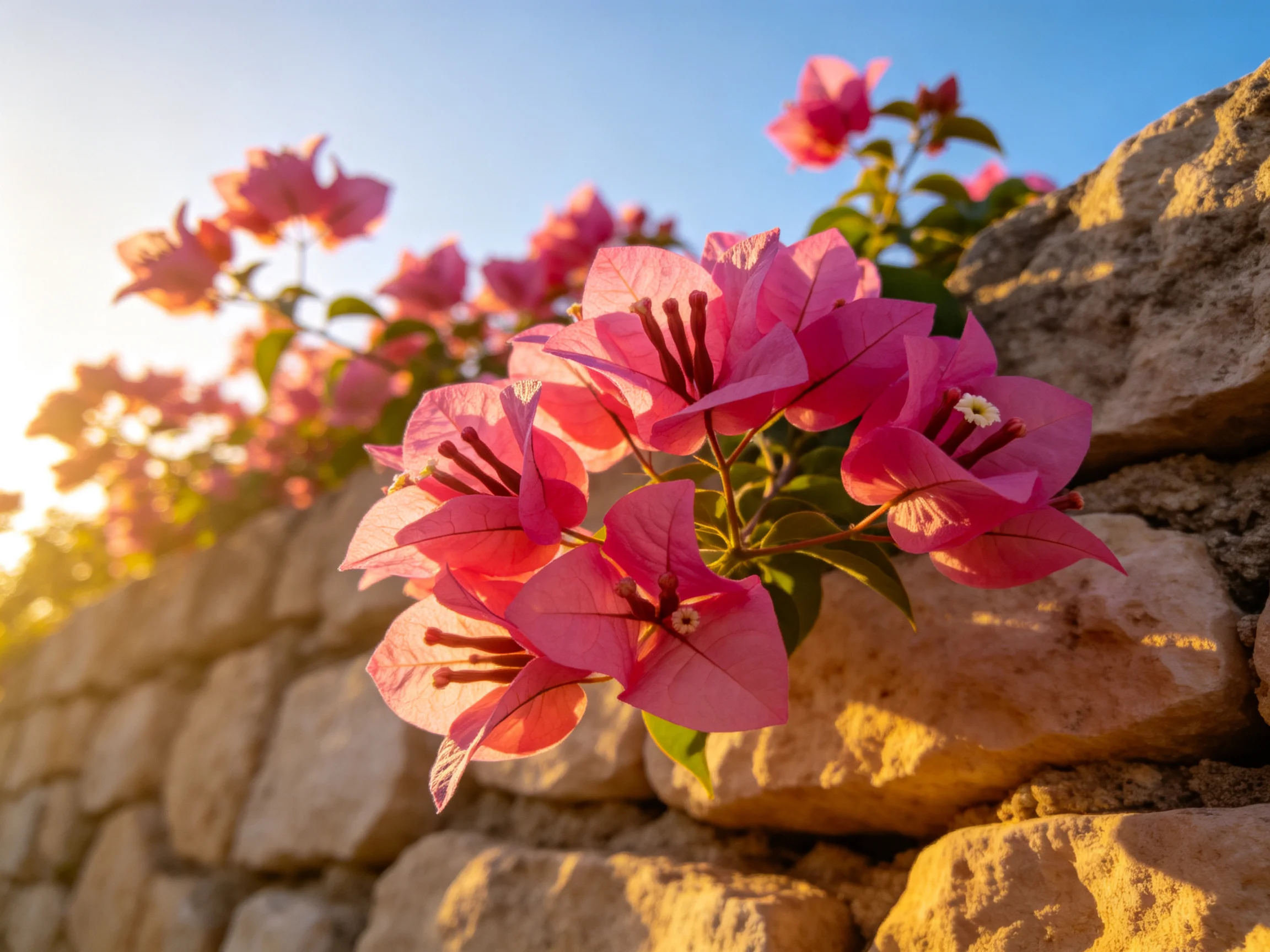 Pink bougainvillea blooms against an ancient stone wall under golden sunlight