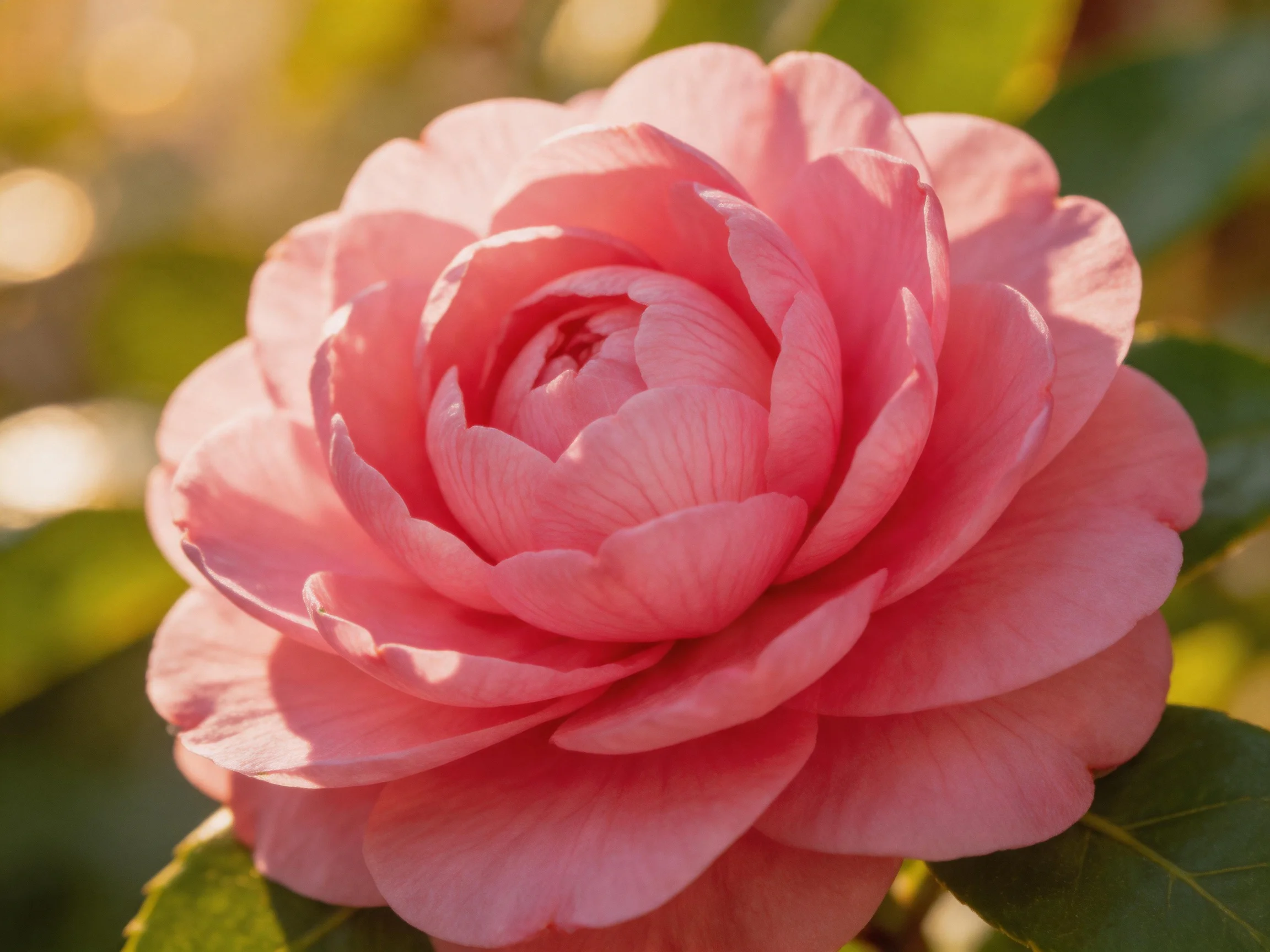 Pink camellia flower showcasing layered petals in soft light