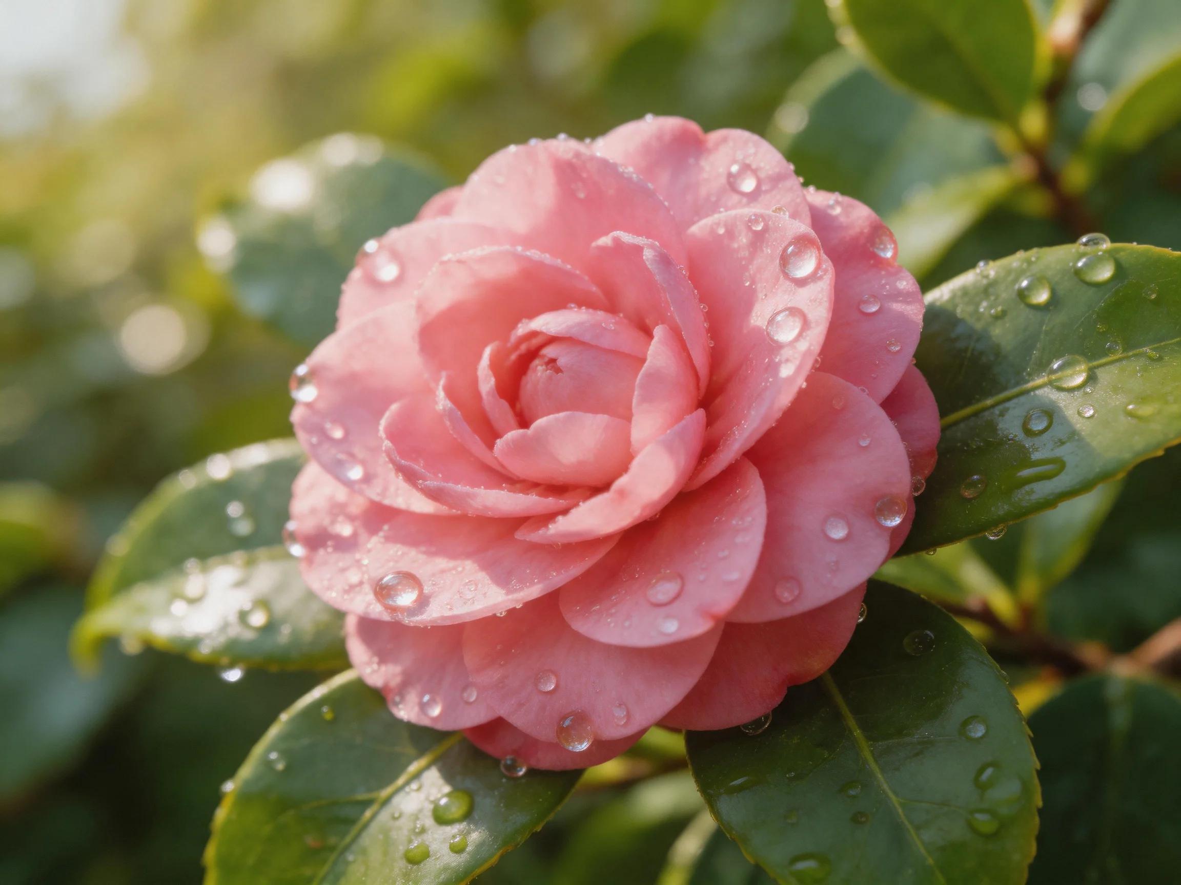 Pink camellia flower with water droplets on green leaves