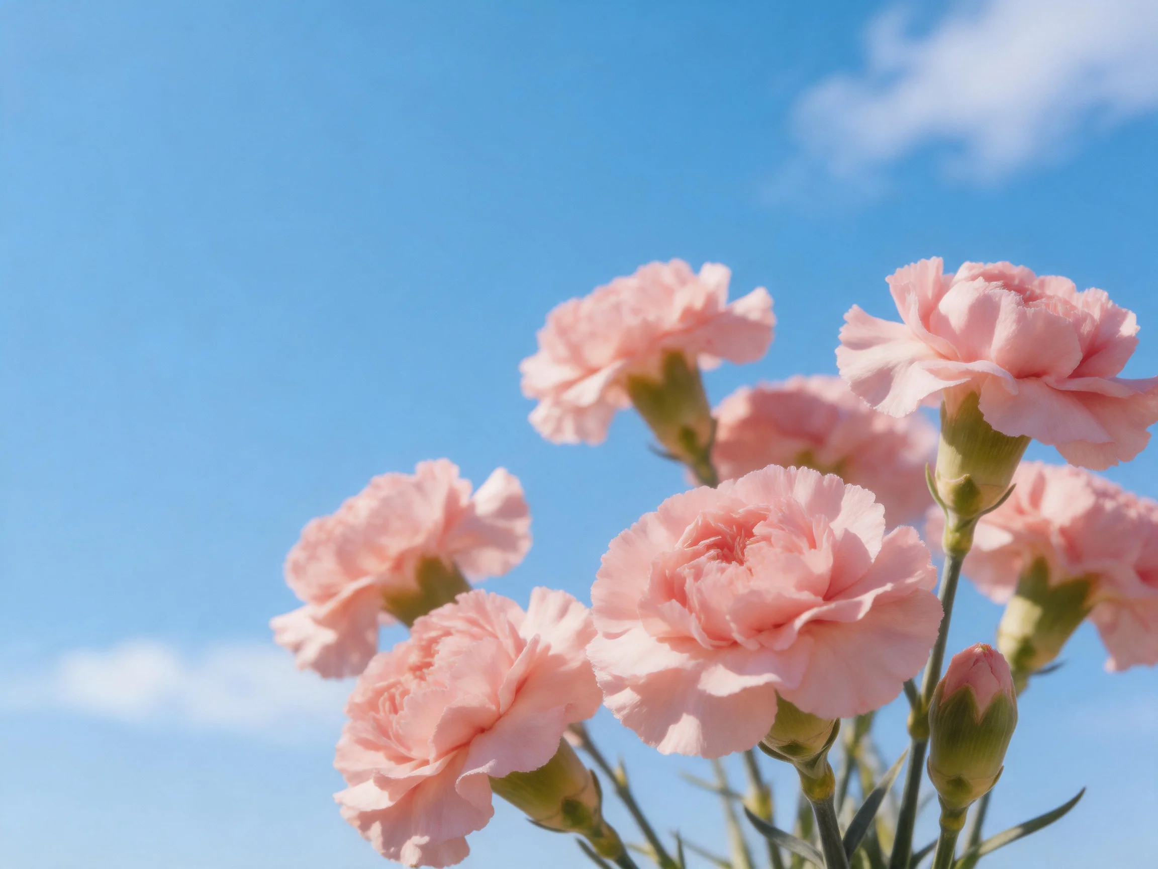 Pink carnations blooming against a clear blue sky