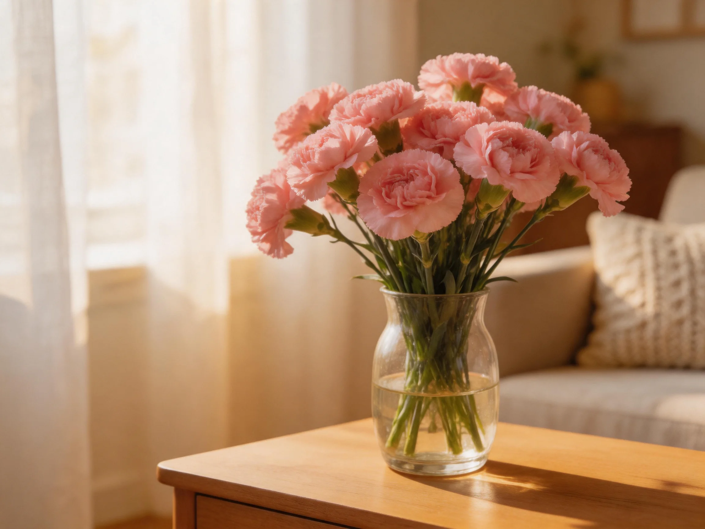 Pink carnations in a clear glass vase on a wooden table