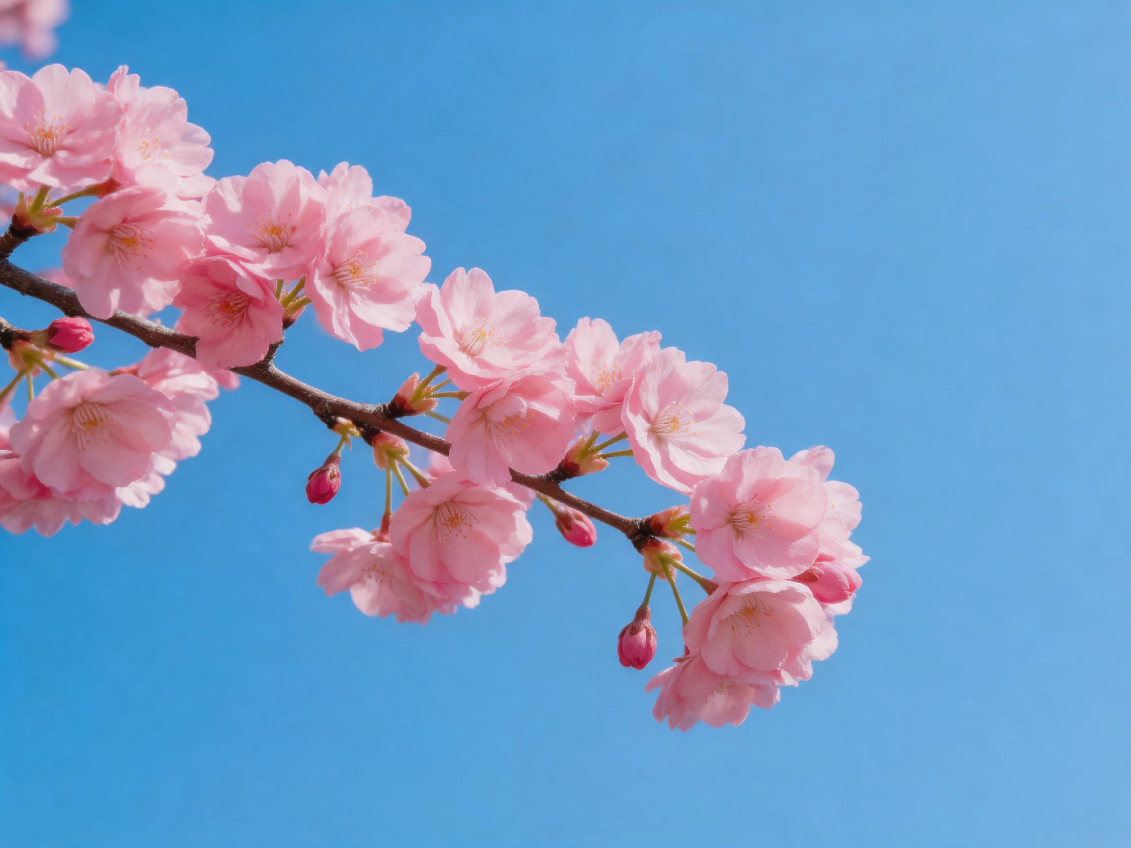 Pink cherry blossom branch with buds against clear blue sky