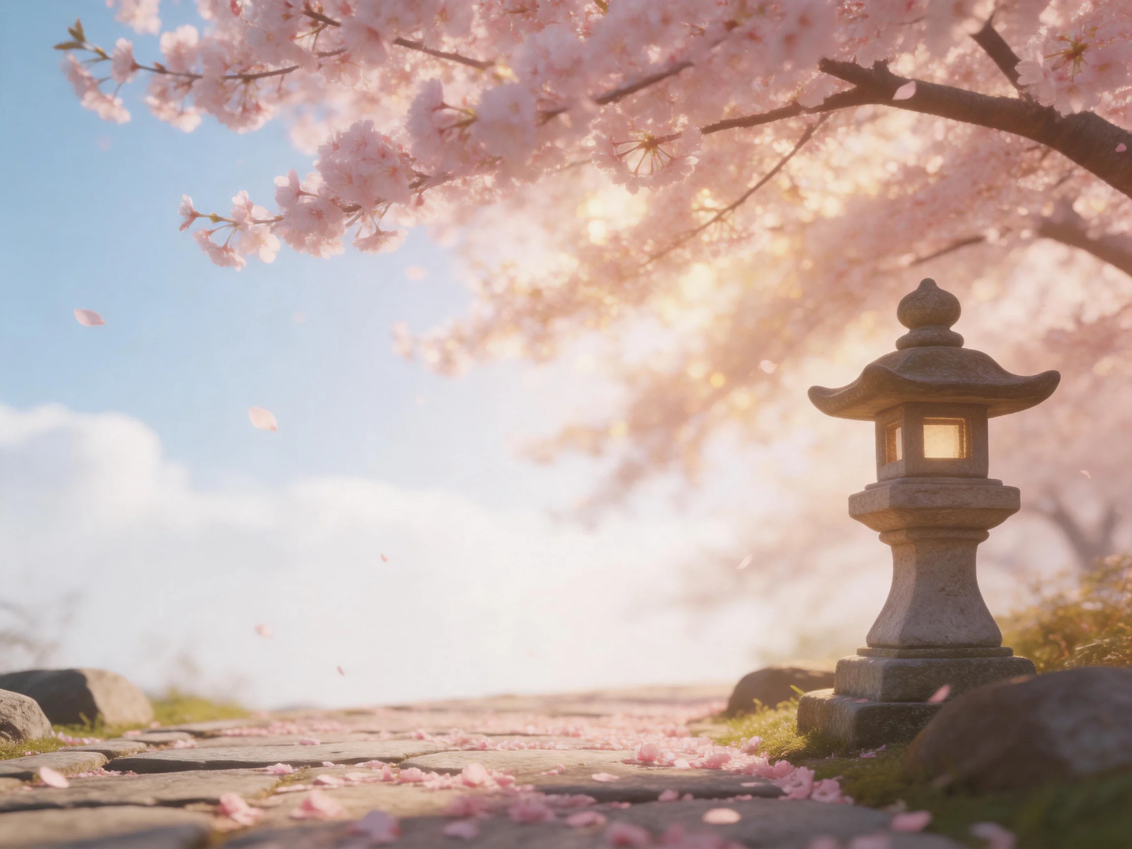 Pink cherry blossom branches beside a stone lantern on a cobblestone path