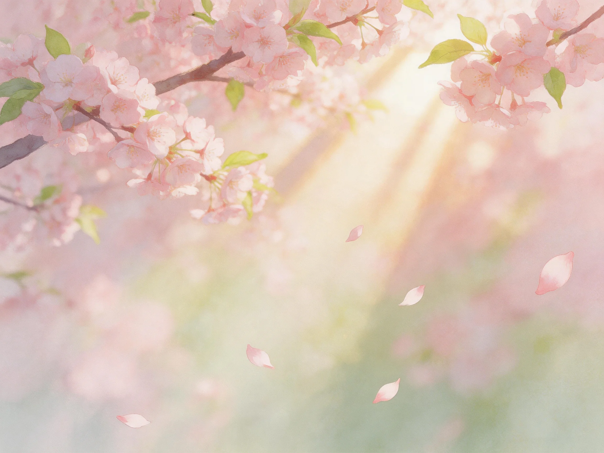 Pink cherry blossom branches, falling petals, and warm golden light