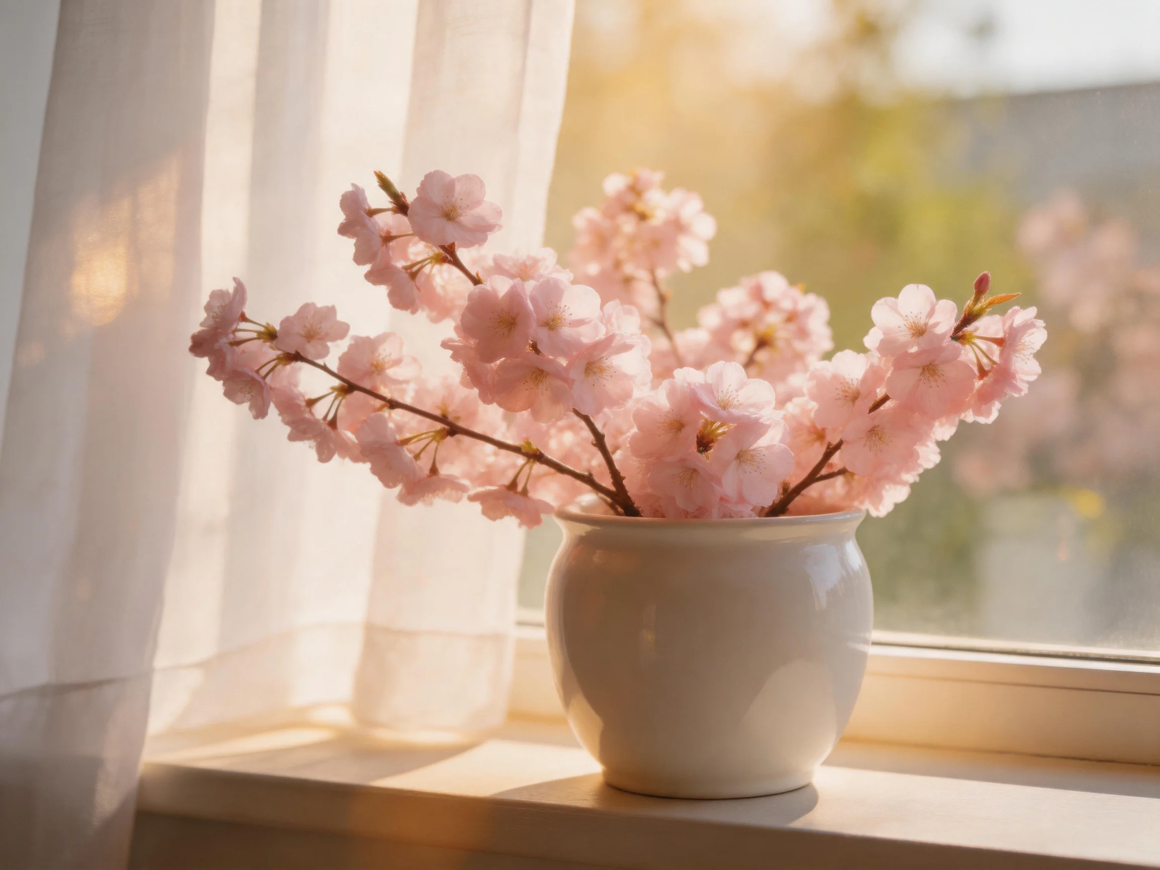 Pink cherry blossom branches in a white vase by a sunlit window