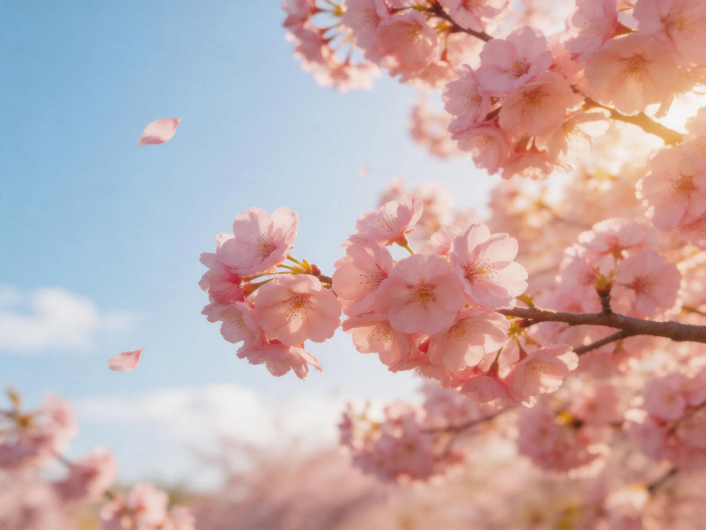 Pink cherry blossom branches with blooming clusters under blue sky