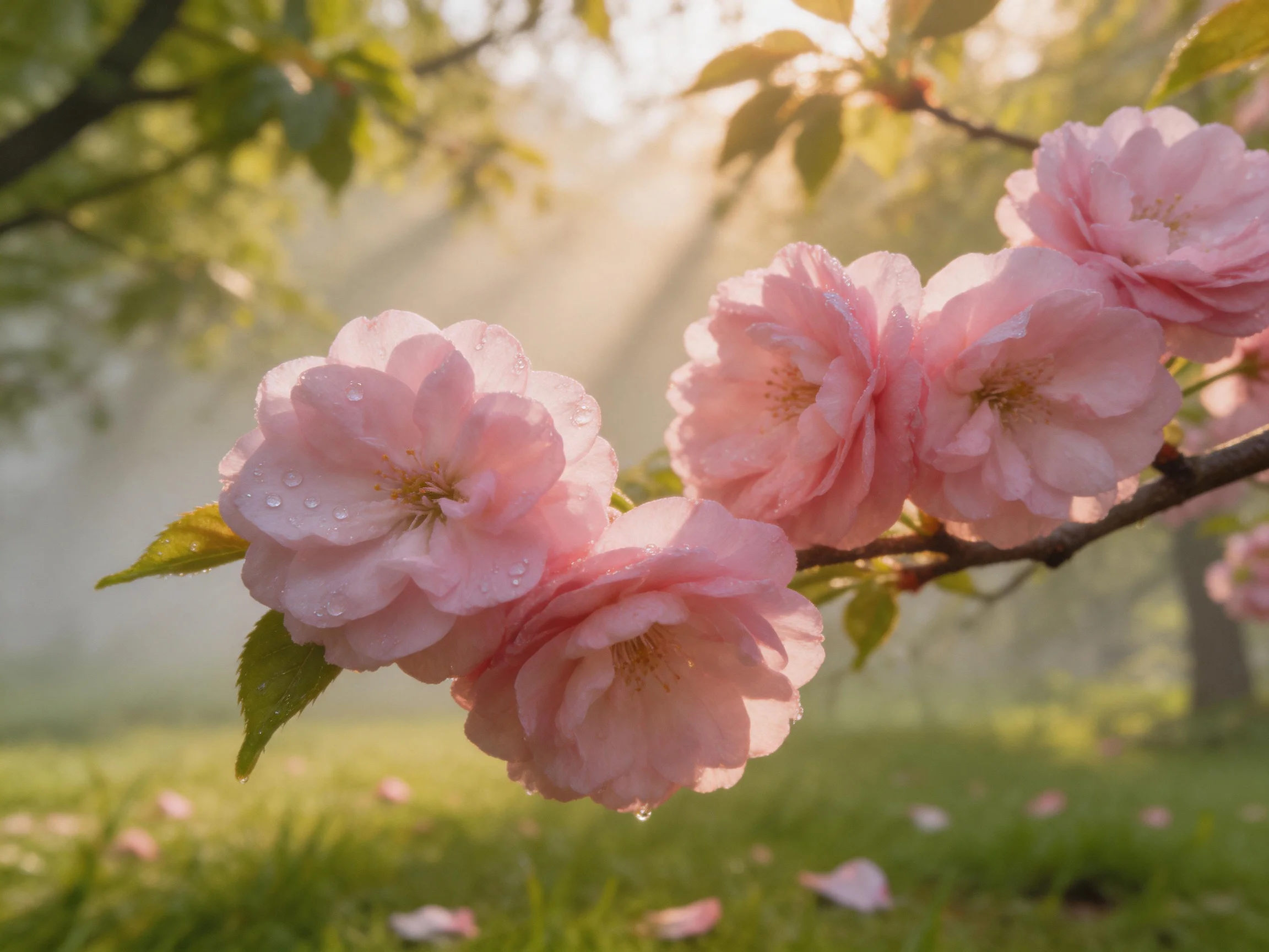 Pink cherry blossom branches with dew drops in a sunlit meadow