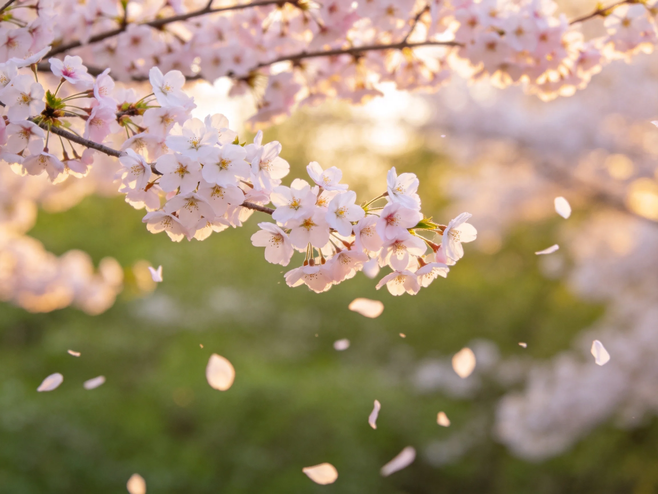 Pink cherry blossom branches with falling petals against green bokeh