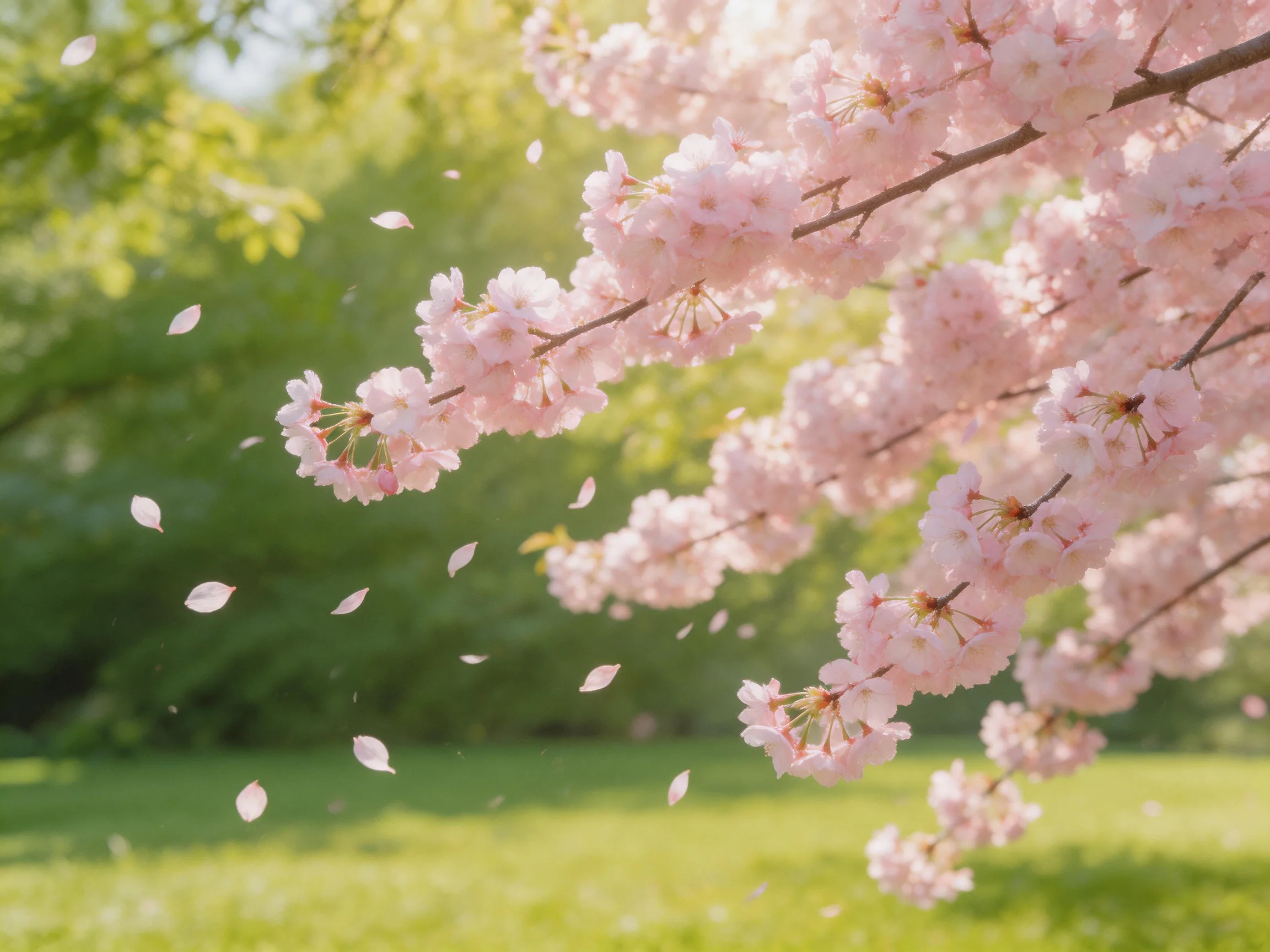 Pink cherry blossom branches with falling petals against green foliage