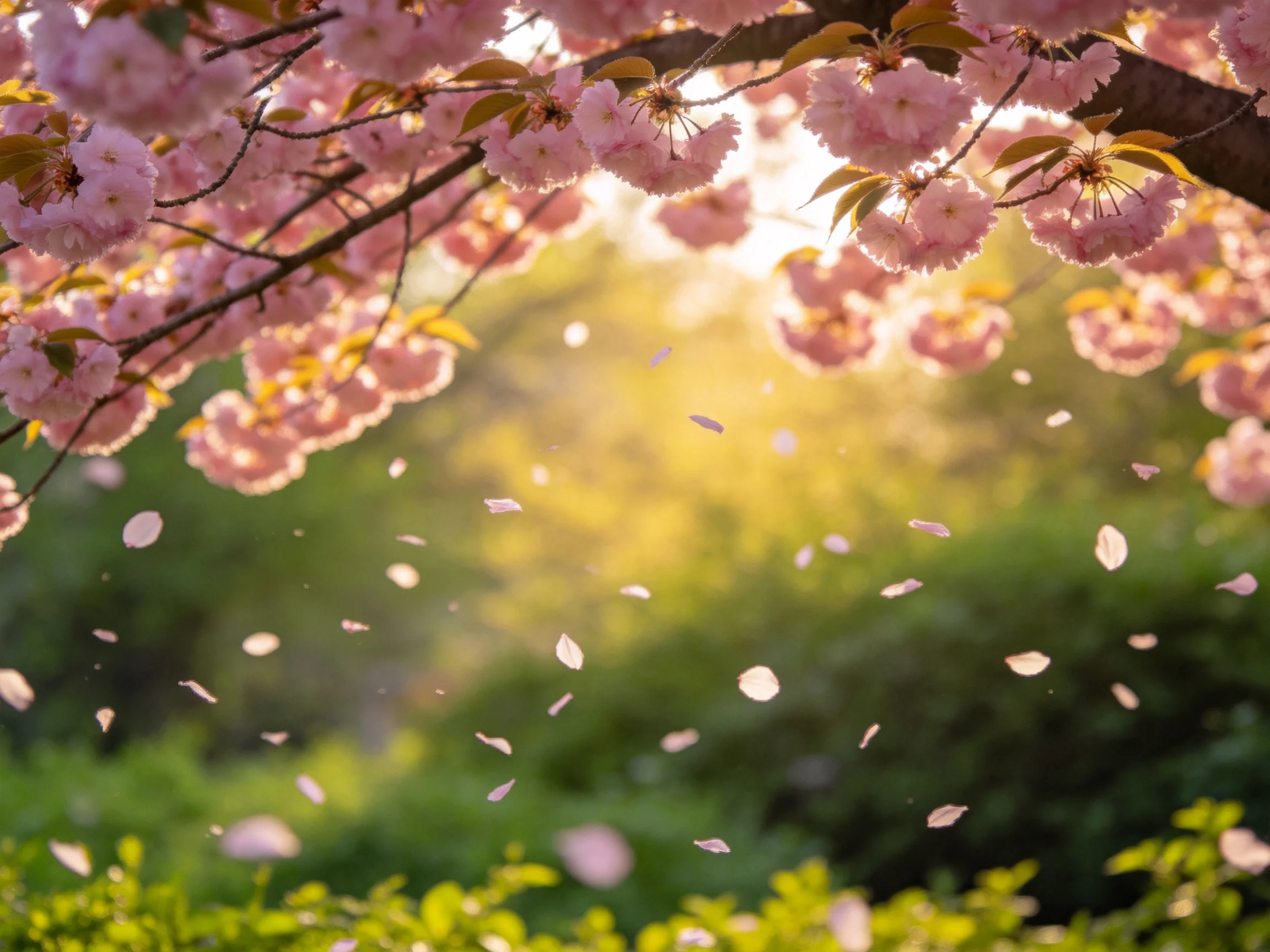 Pink cherry blossom branches with falling petals and sunlit green background
