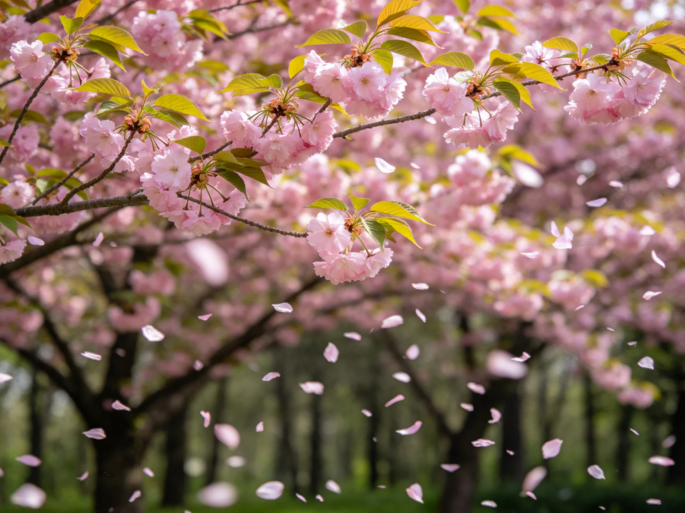 Pink cherry blossom branches with falling petals in a serene park