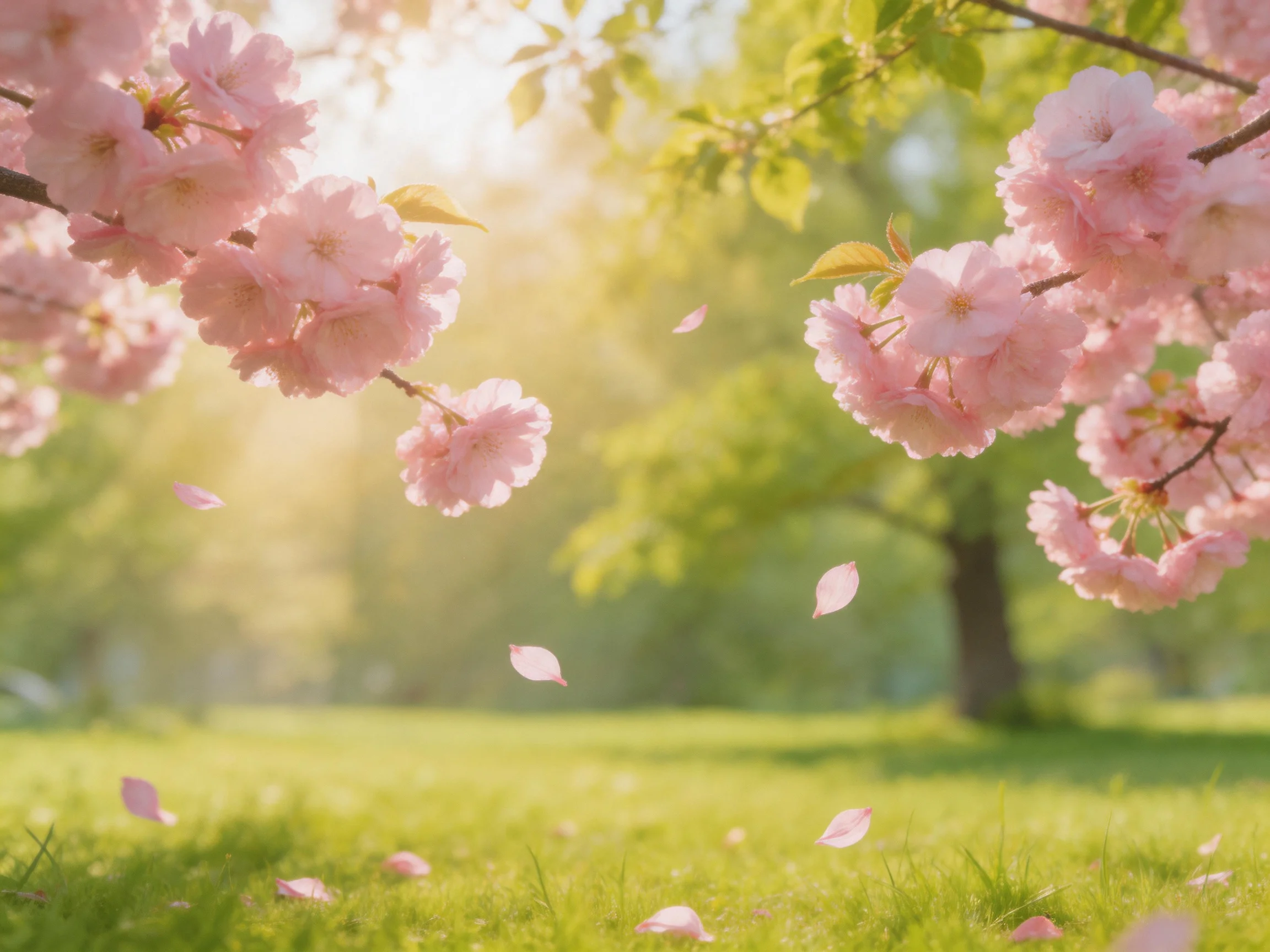 Pink cherry blossom branches with falling petals in a sunlit park