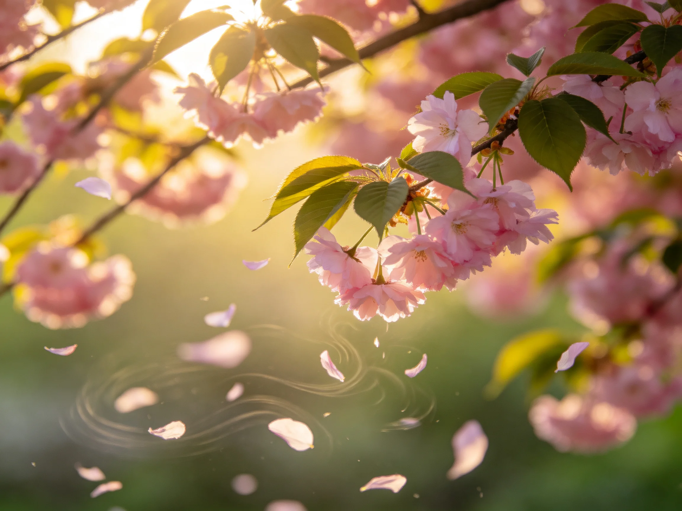 Pink cherry blossom branches with falling petals in golden sunlight