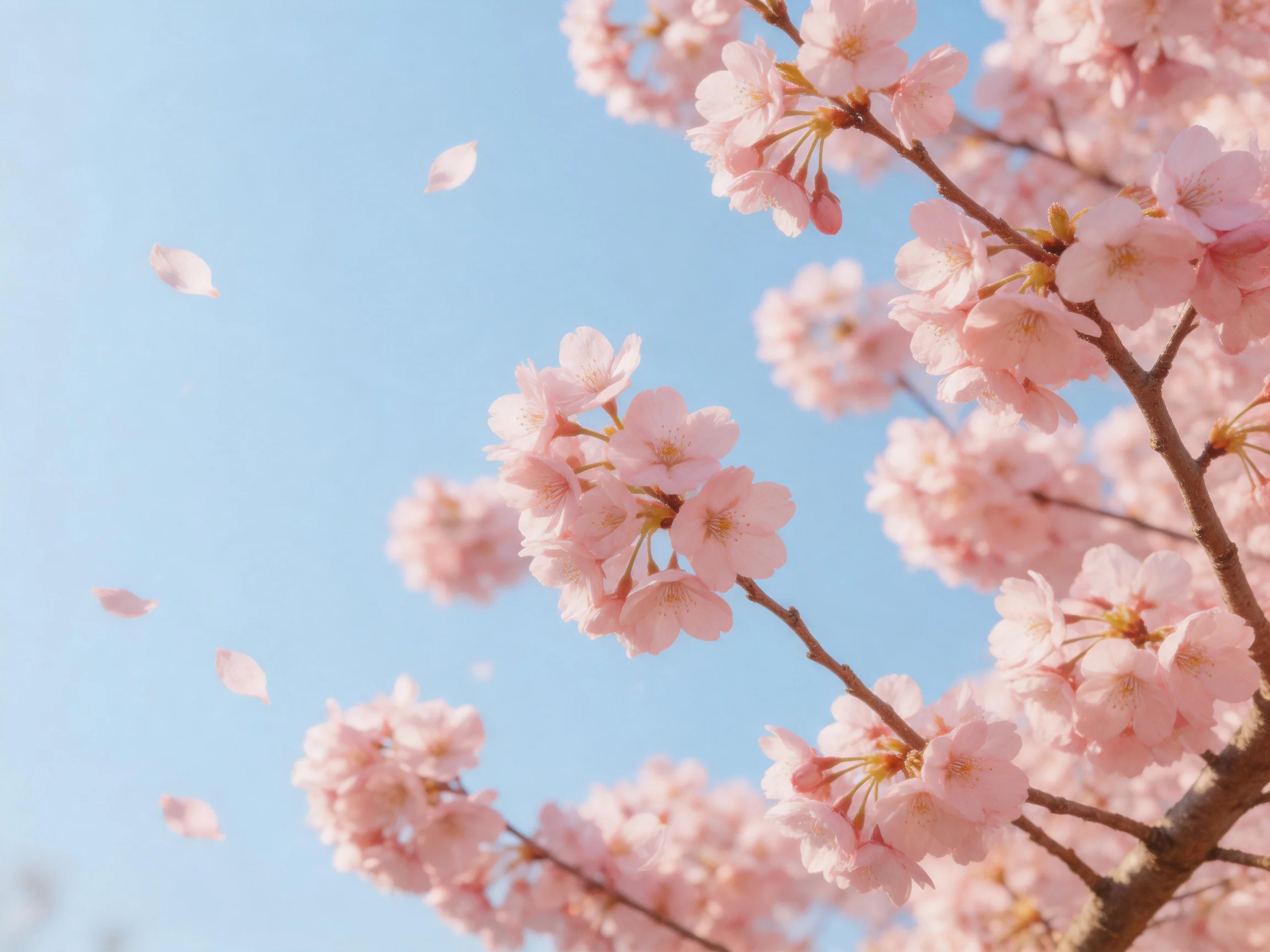Pink cherry blossom branches with falling petals under clear blue sky