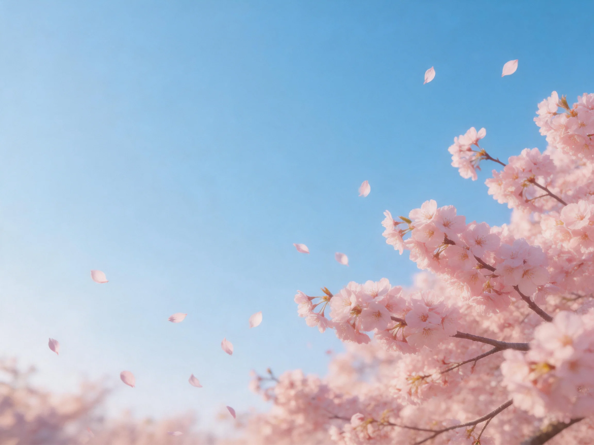 Pink cherry blossom branches with falling petals under clear blue sky