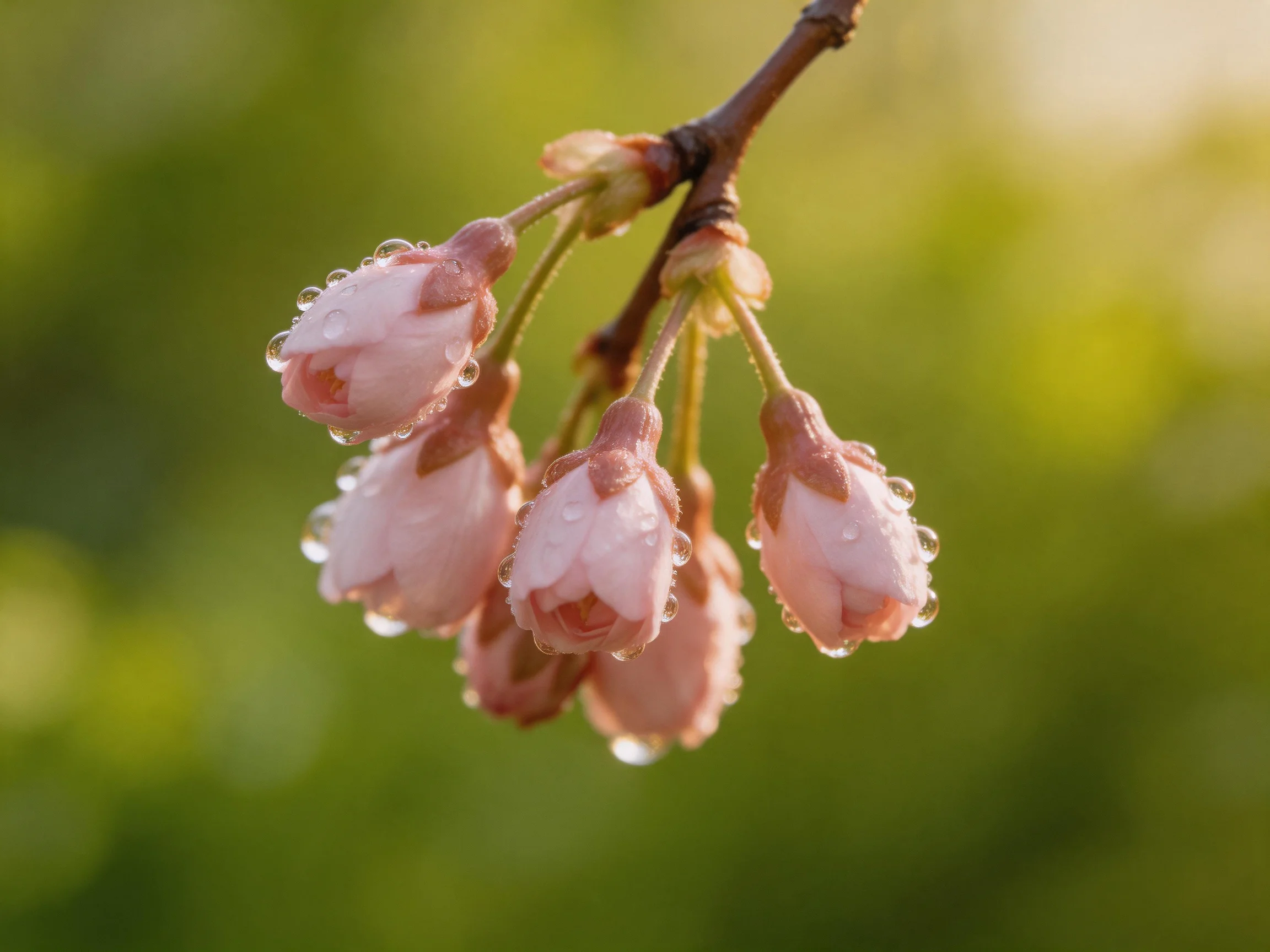 Pink cherry blossom buds with dew drops clustered on a brown branch