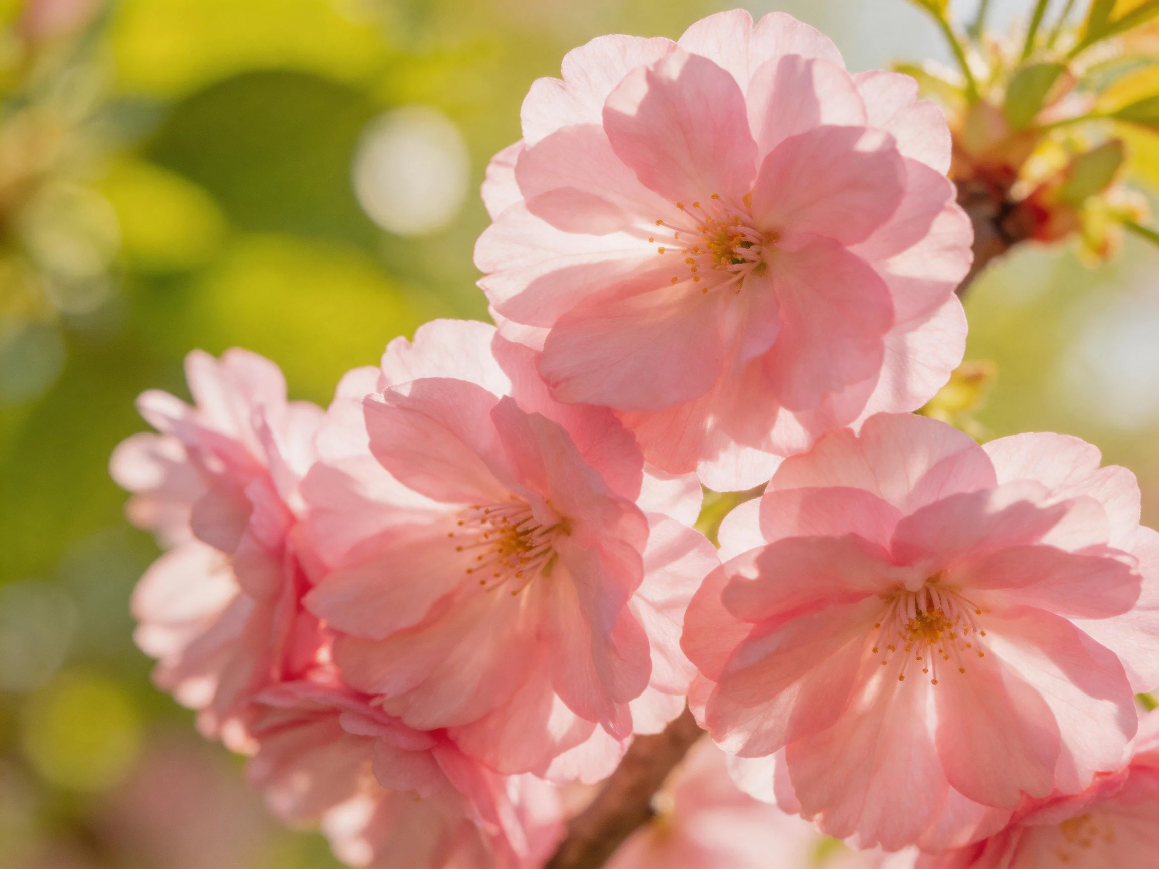 Pink cherry blossom cluster with soft green bokeh background