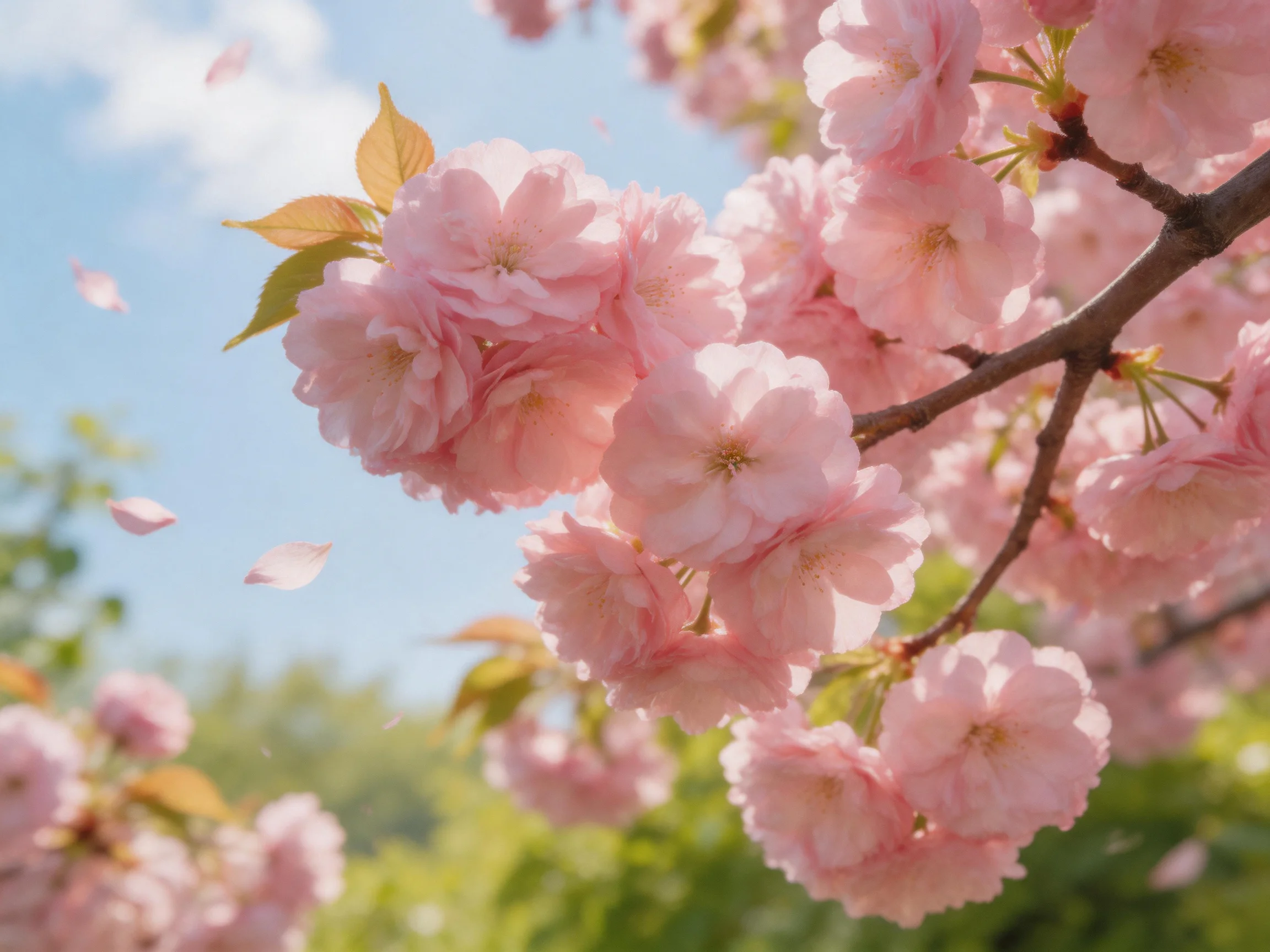 Cherry blossoms in full bloom with petals drifting, set against a clear blue sky.