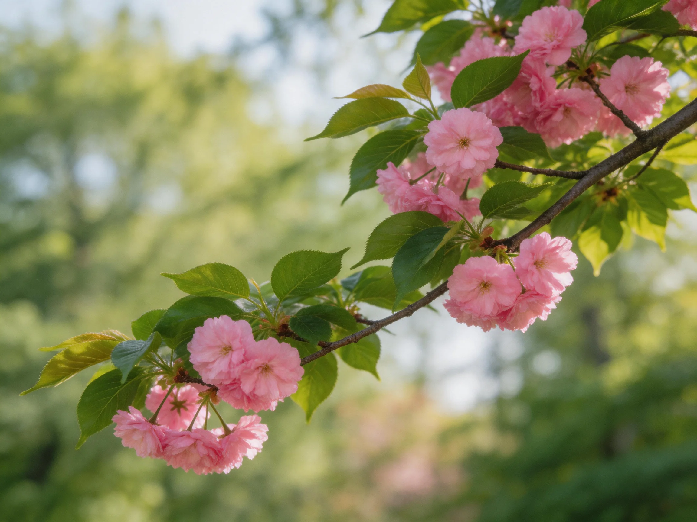 Pink cherry blossom clusters bloom on a branch with glossy green leaves