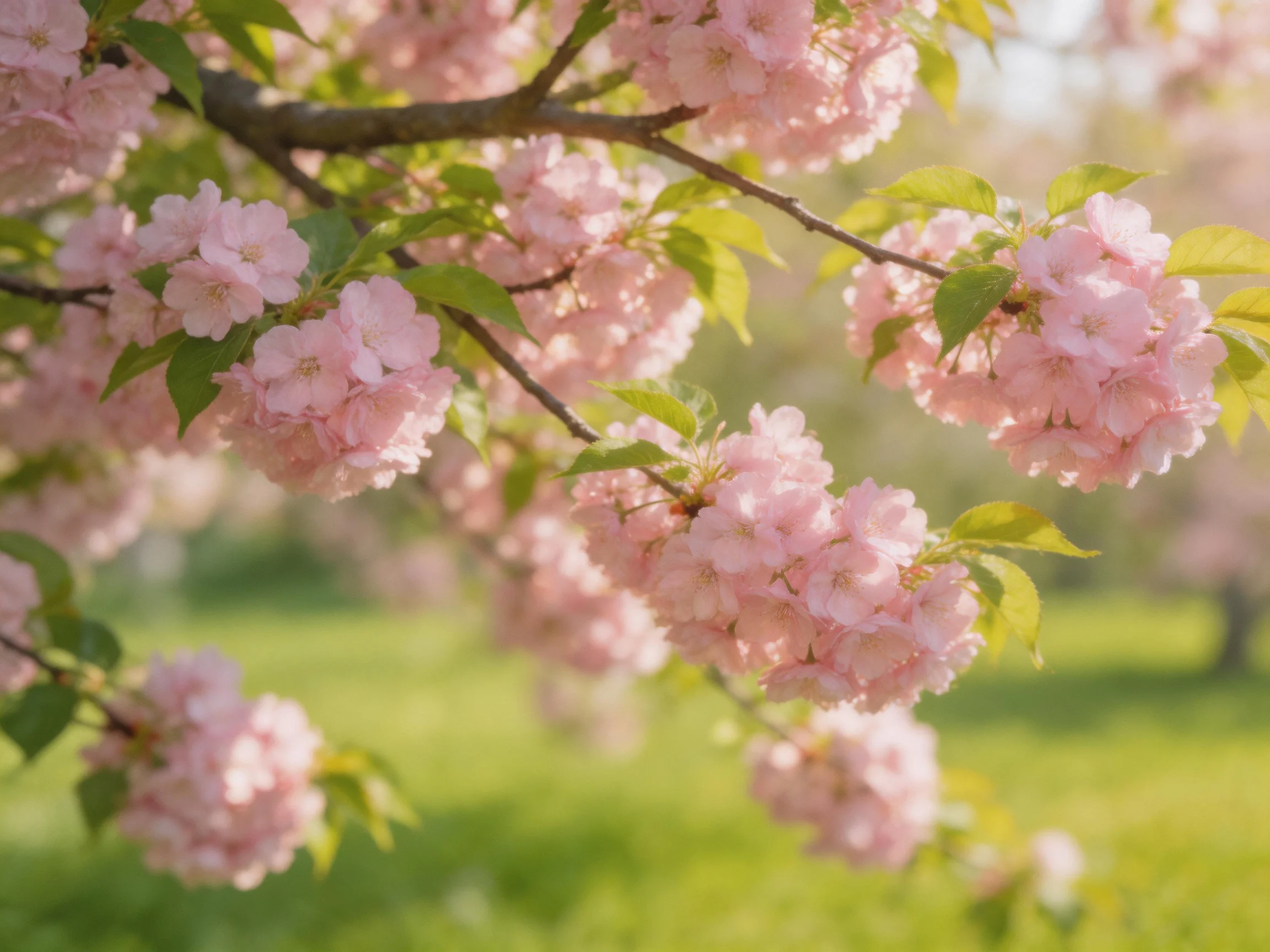 Pink cherry blossom clusters bloom on dark branches