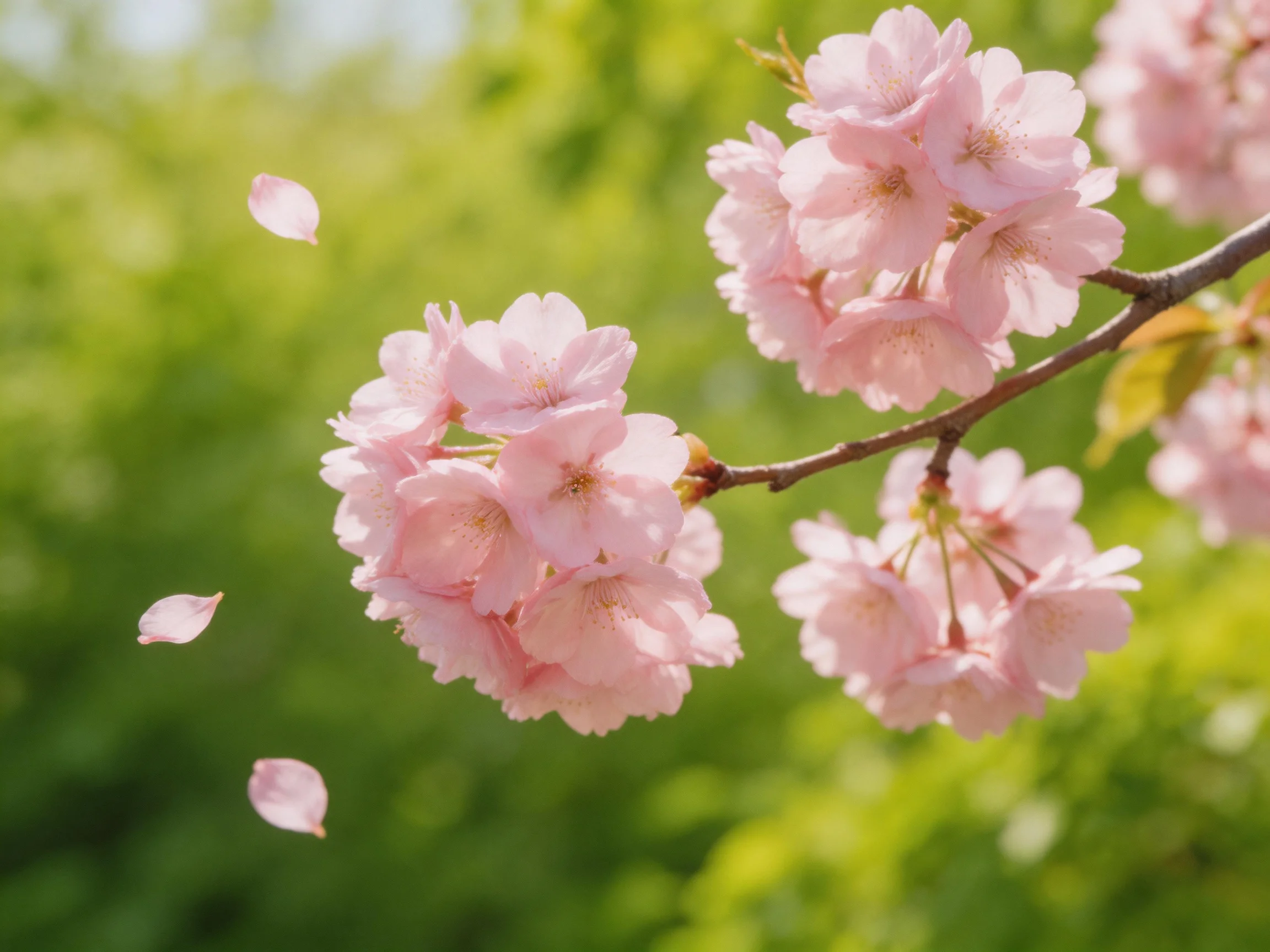 Cherry blossom branches adorned with pink blooms and falling petals sit before a blurred green background.