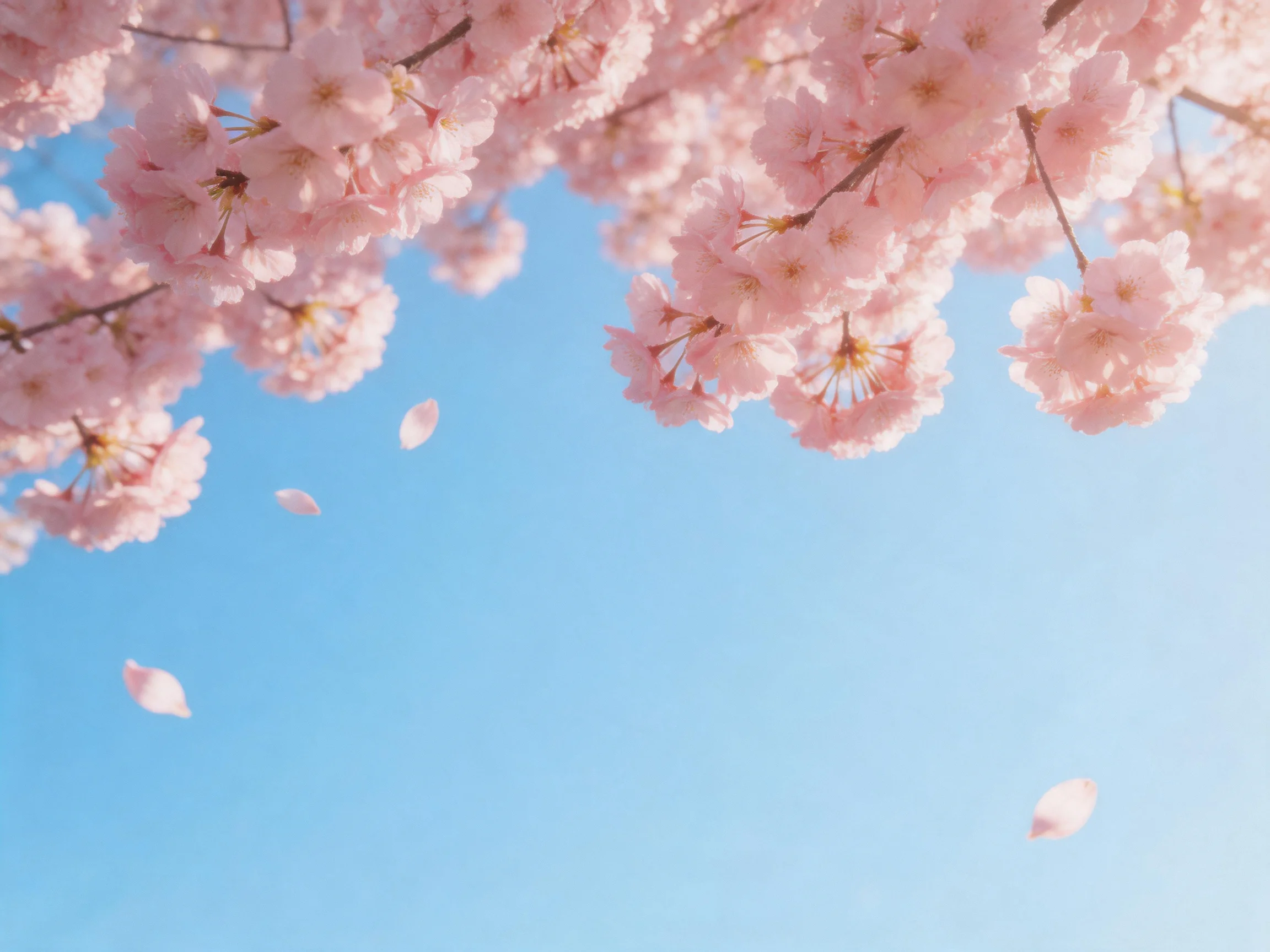 Pink cherry blossom clusters with falling petals against clear blue sky