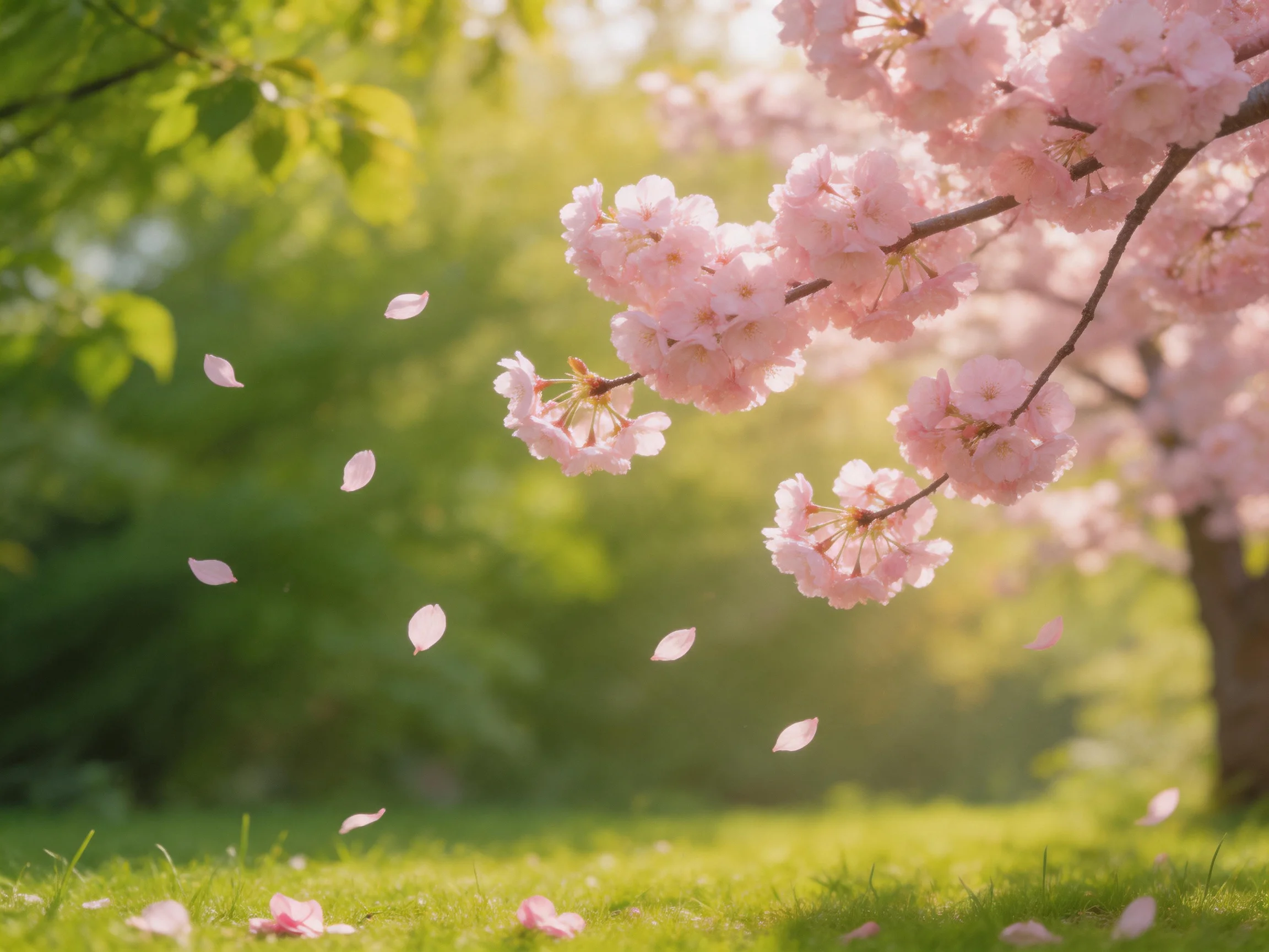 Pink cherry blossom clusters with falling petals in a sunlit garden