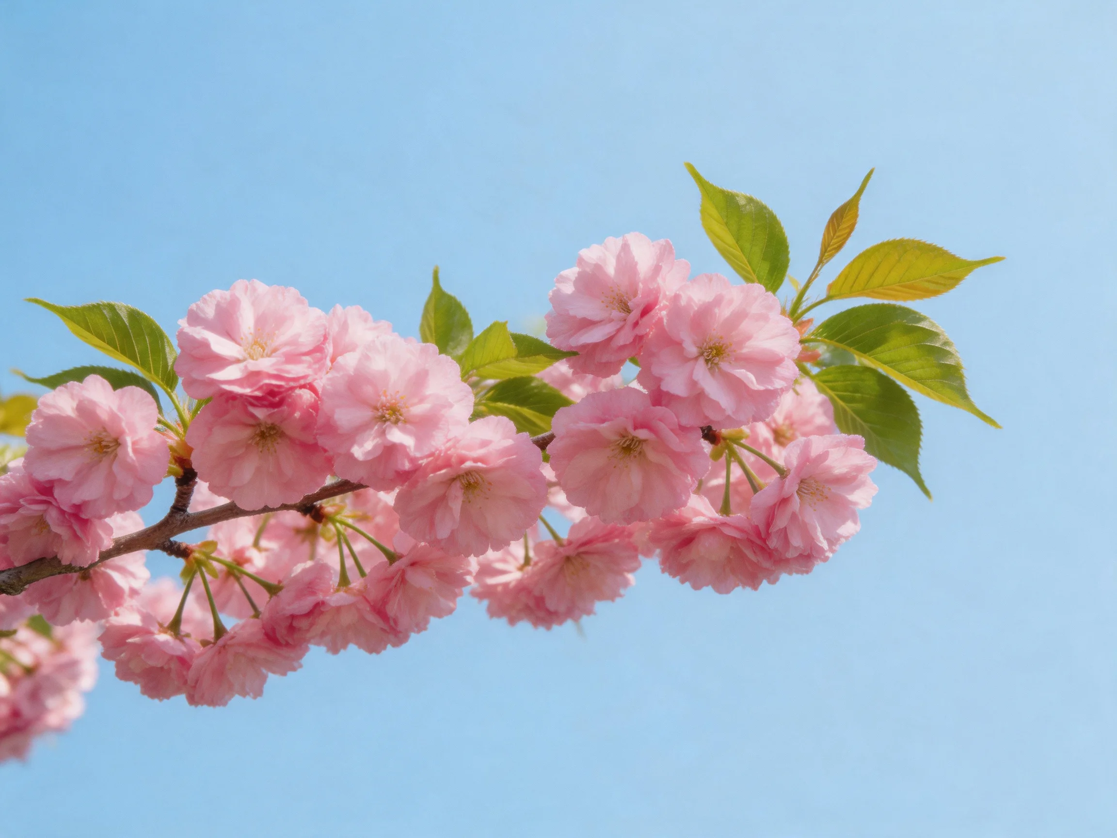 Pink cherry blossom clusters with green leaves against a clear blue sky