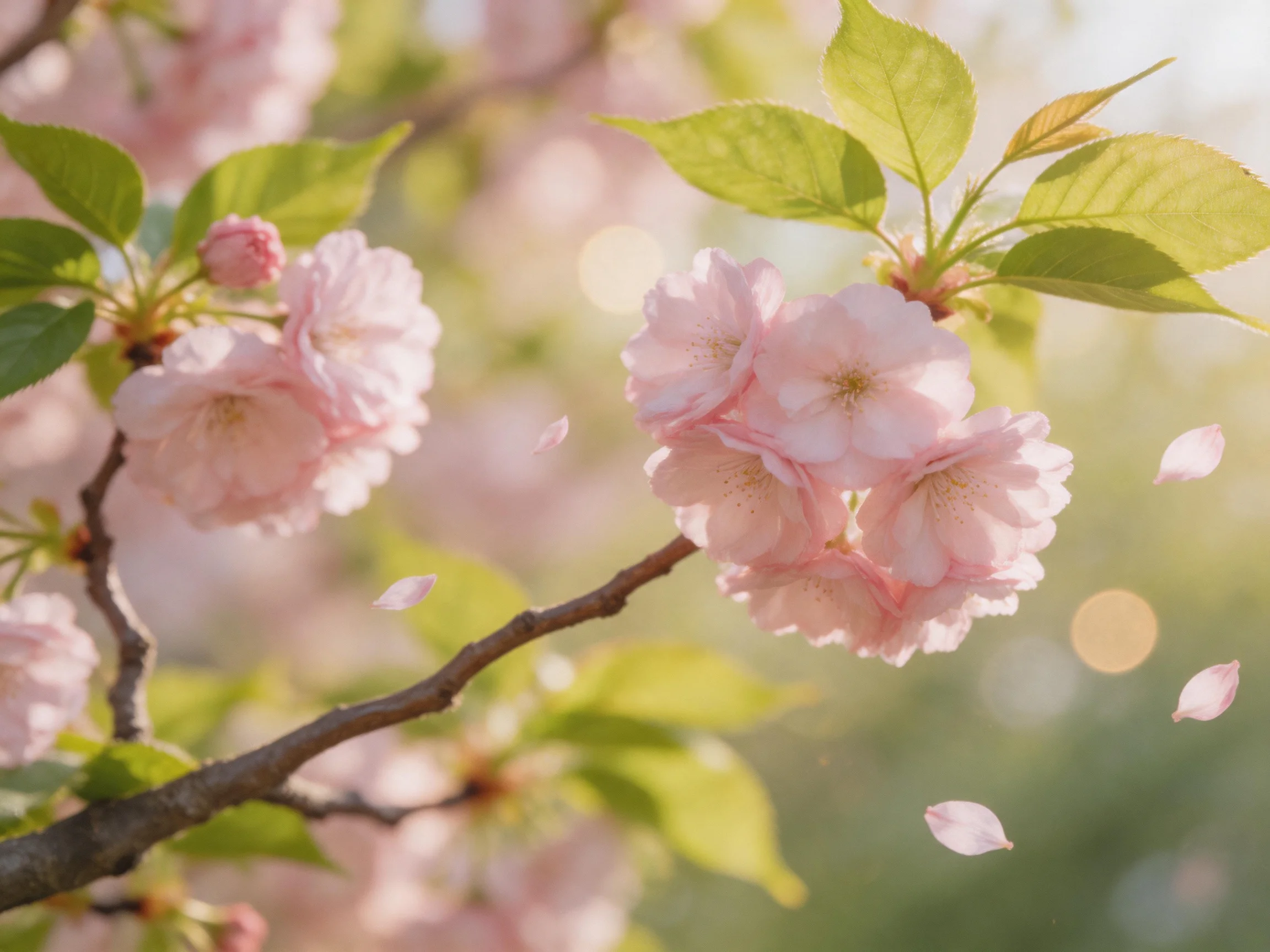 Pink cherry blossom clusters with green leaves and falling petals