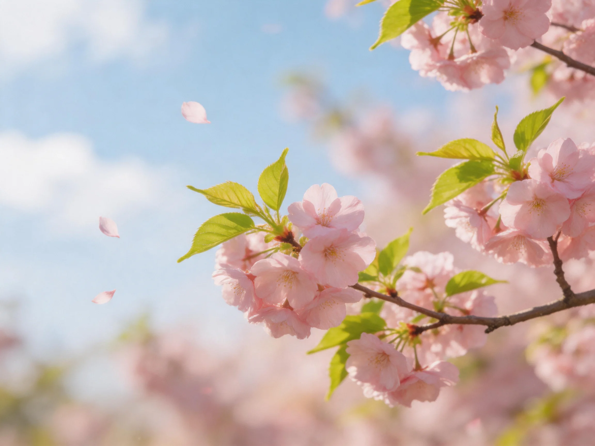 Pink cherry blossom clusters with green leaves under bright blue sky