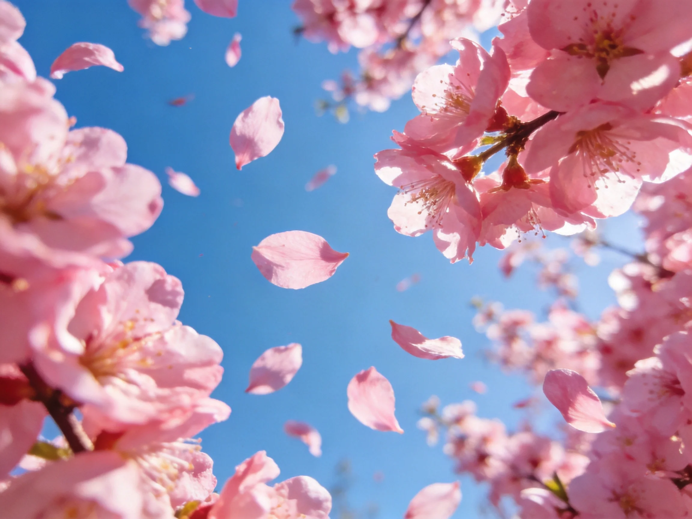 Pink cherry blossom petals drift against a clear blue sky