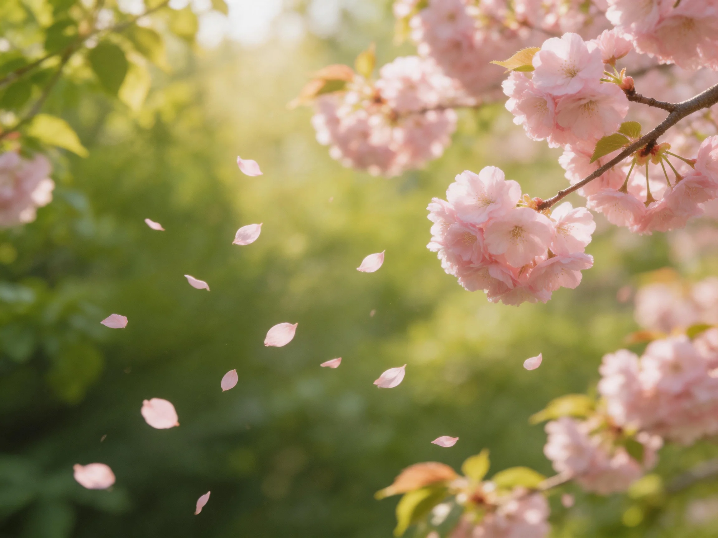 Pink cherry blossom petals drift amid lush green foliage