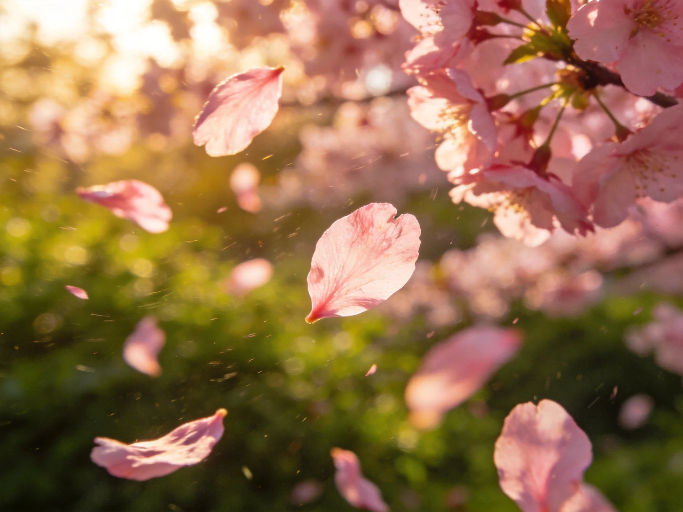 Pink cherry blossom petals drift in sunlight with green foliage backdrop