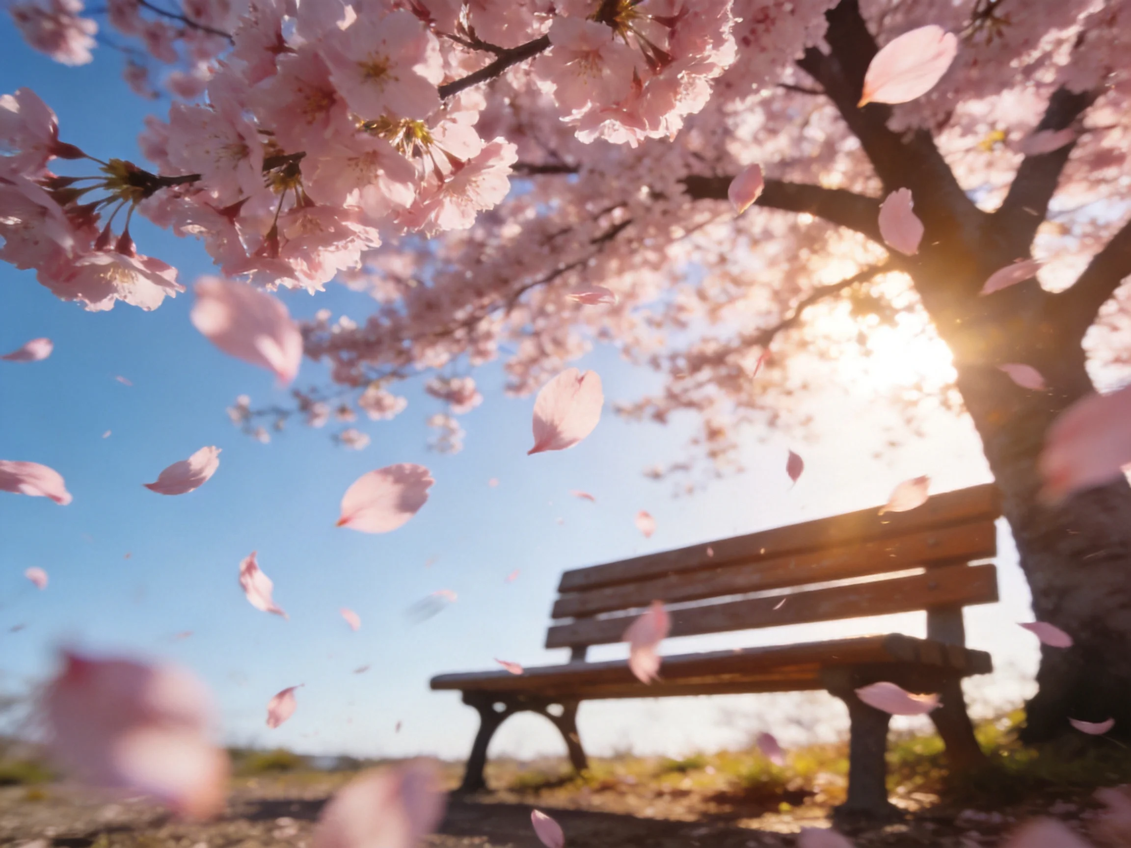 Pink cherry blossom petals drift near a wooden bench under sunny skies