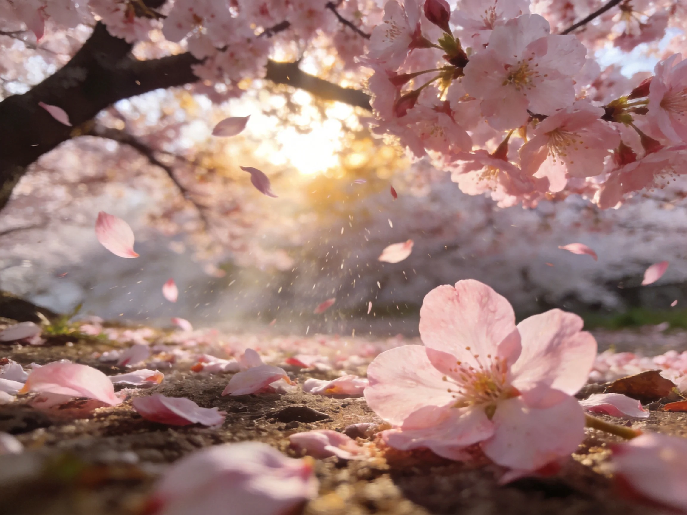 Pink cherry blossom petals falling amid sunlight and blooming branches