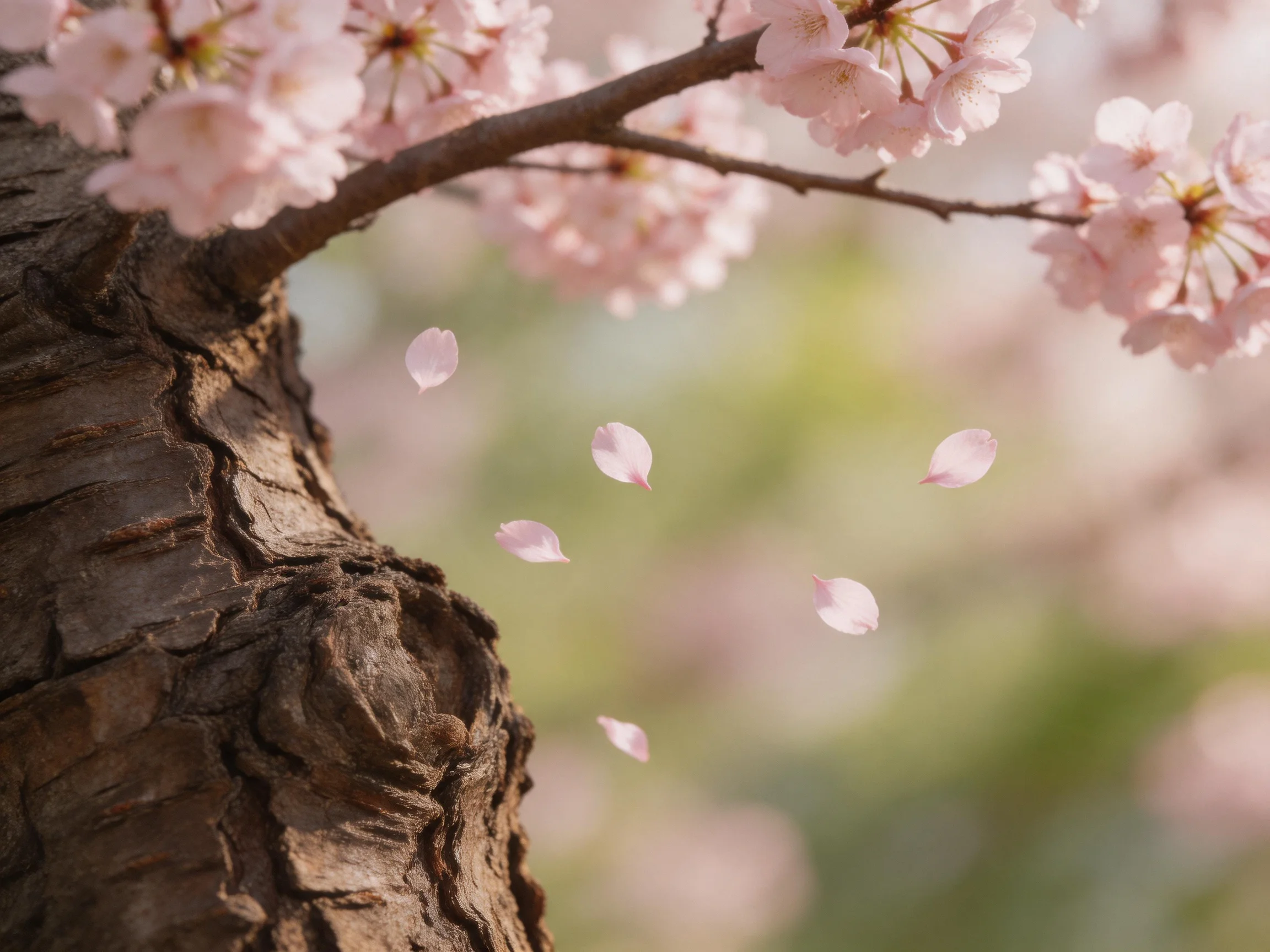 Pink cherry blossom petals falling near a textured brown tree trunk