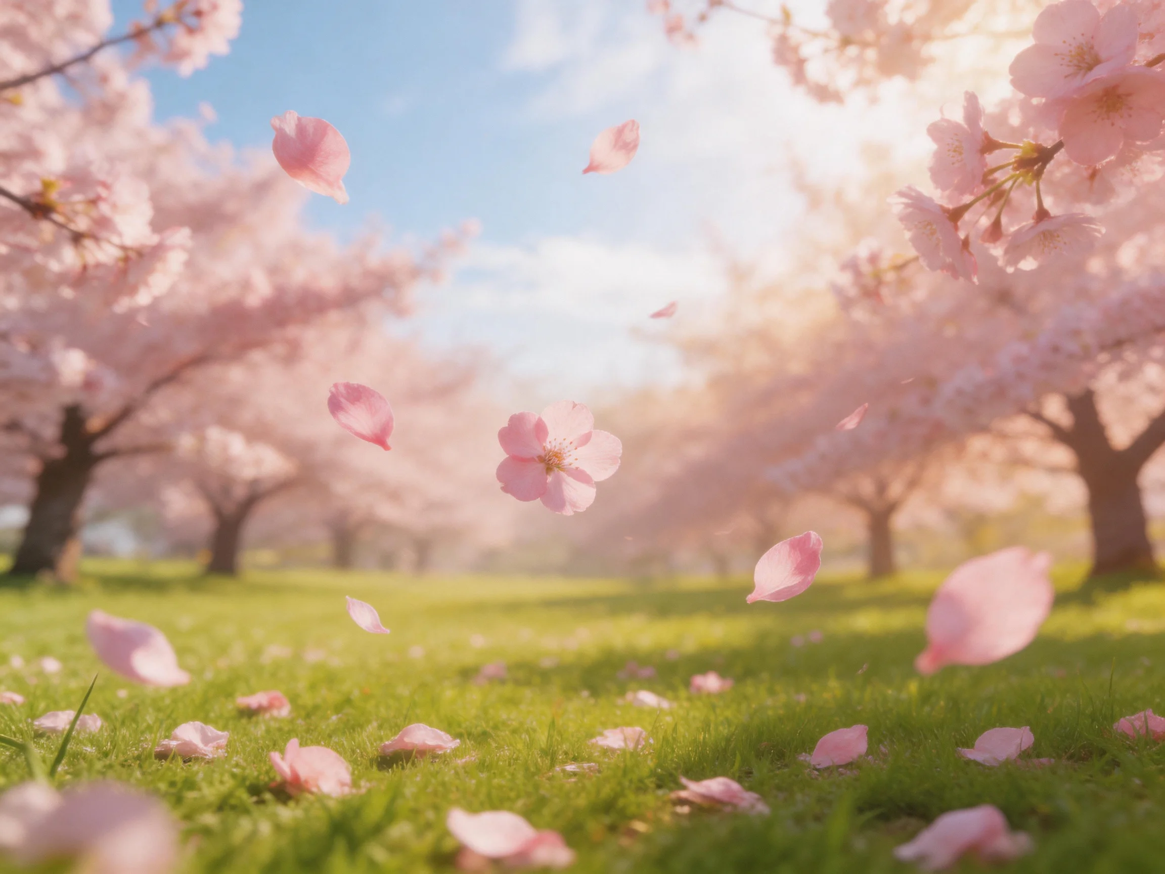 Pink cherry blossom petals scatter over bright green grass near flowering trees