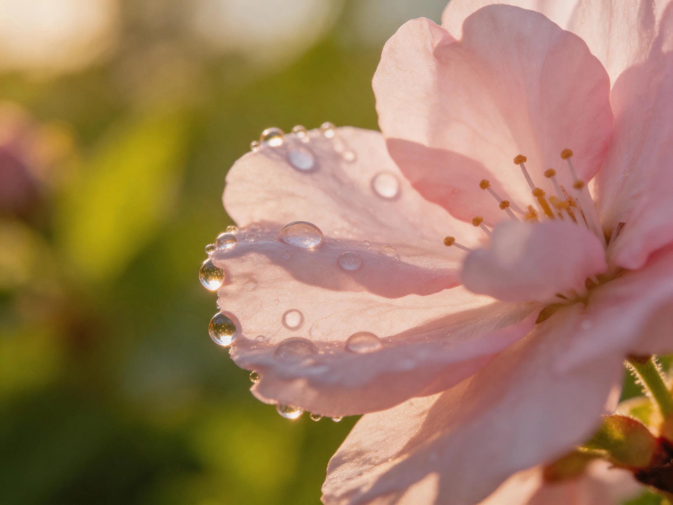 Pink cherry blossom petals with glistening water droplets