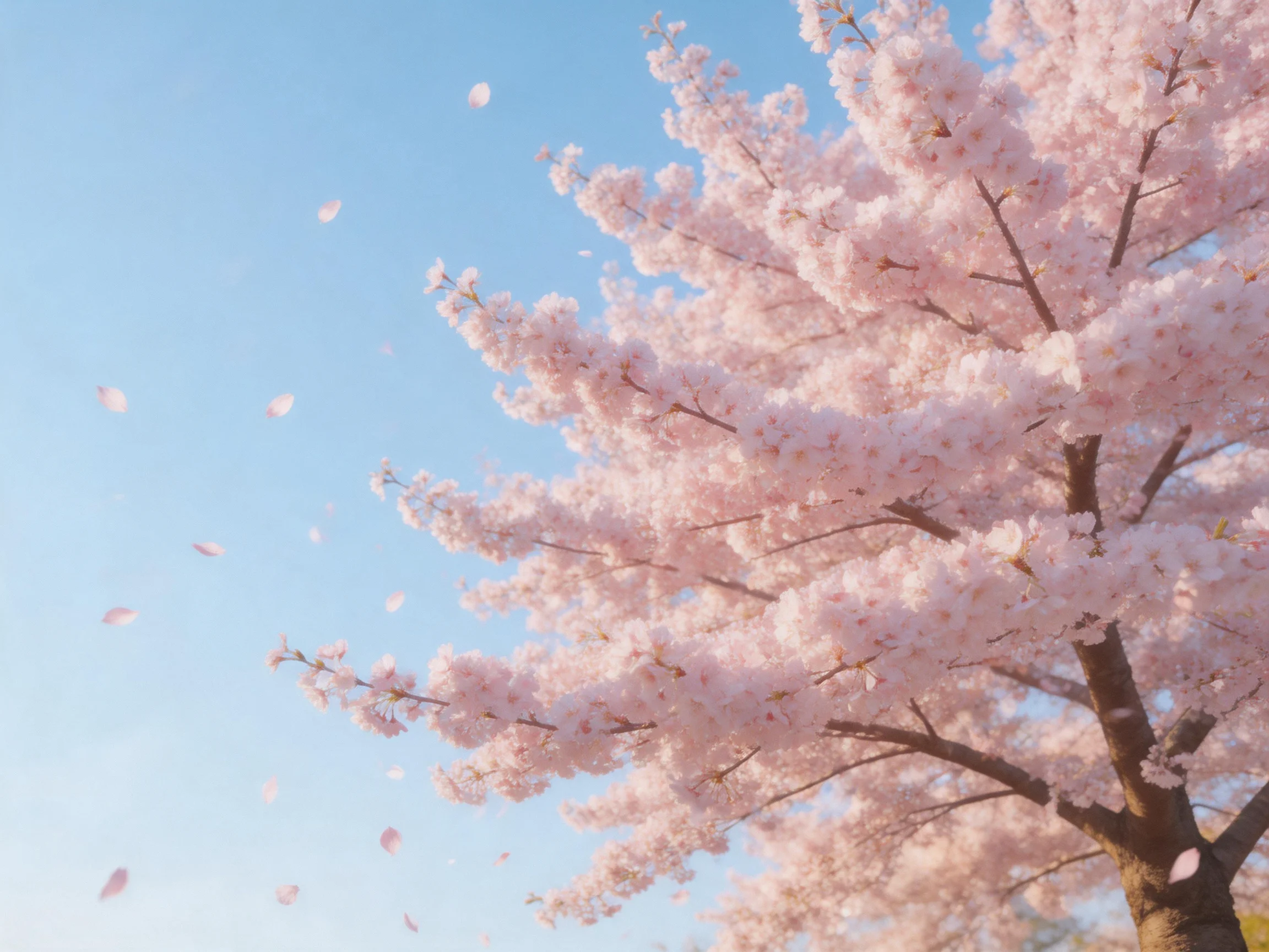 Pink cherry blossom tree with falling petals against clear blue sky