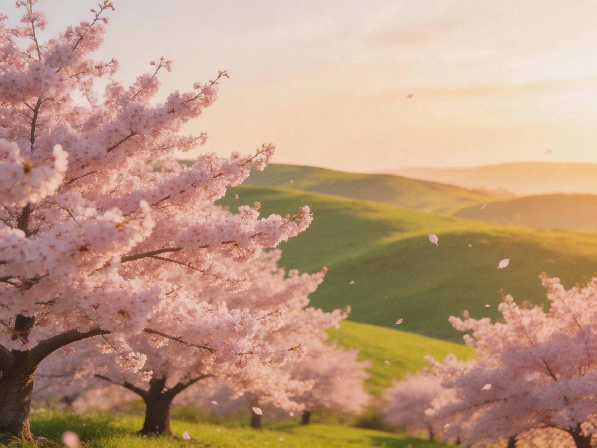 Pink cherry blossom trees bloom beside rolling green hills under golden sunset