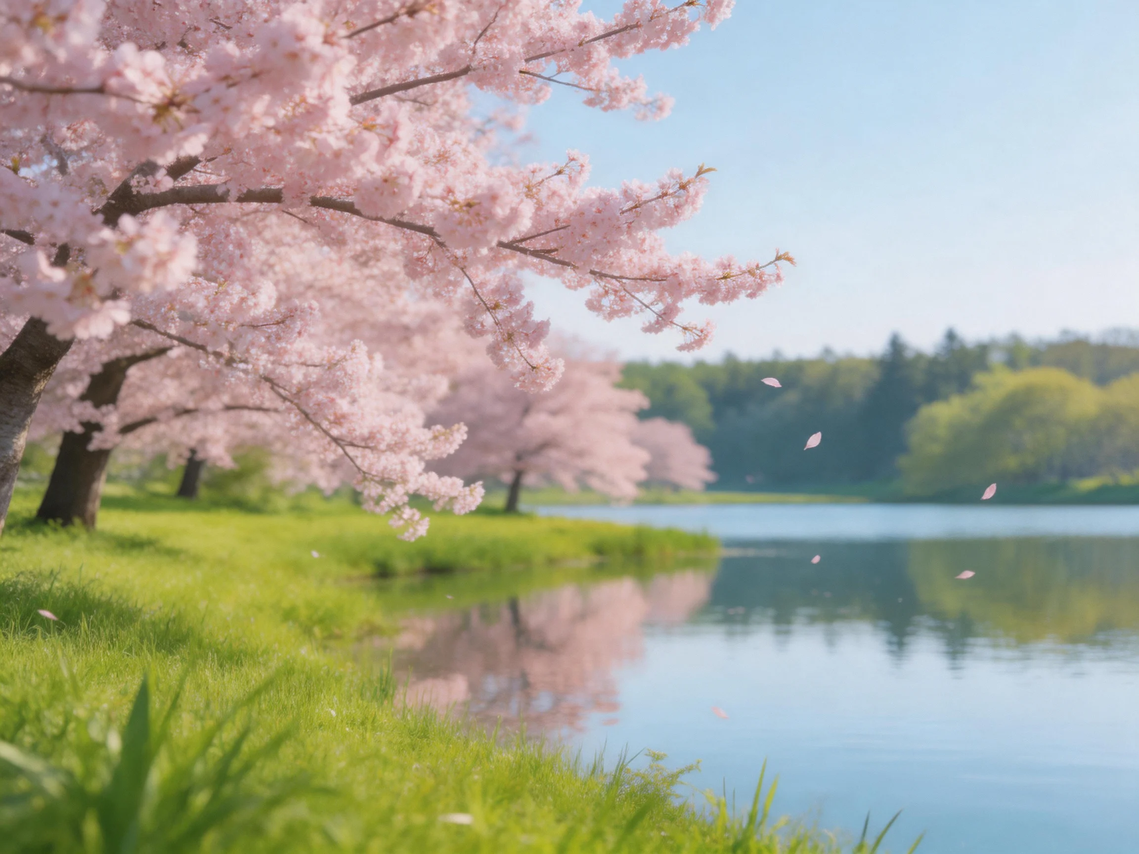 Pink cherry blossom trees border a calm lake in a green, peaceful environment