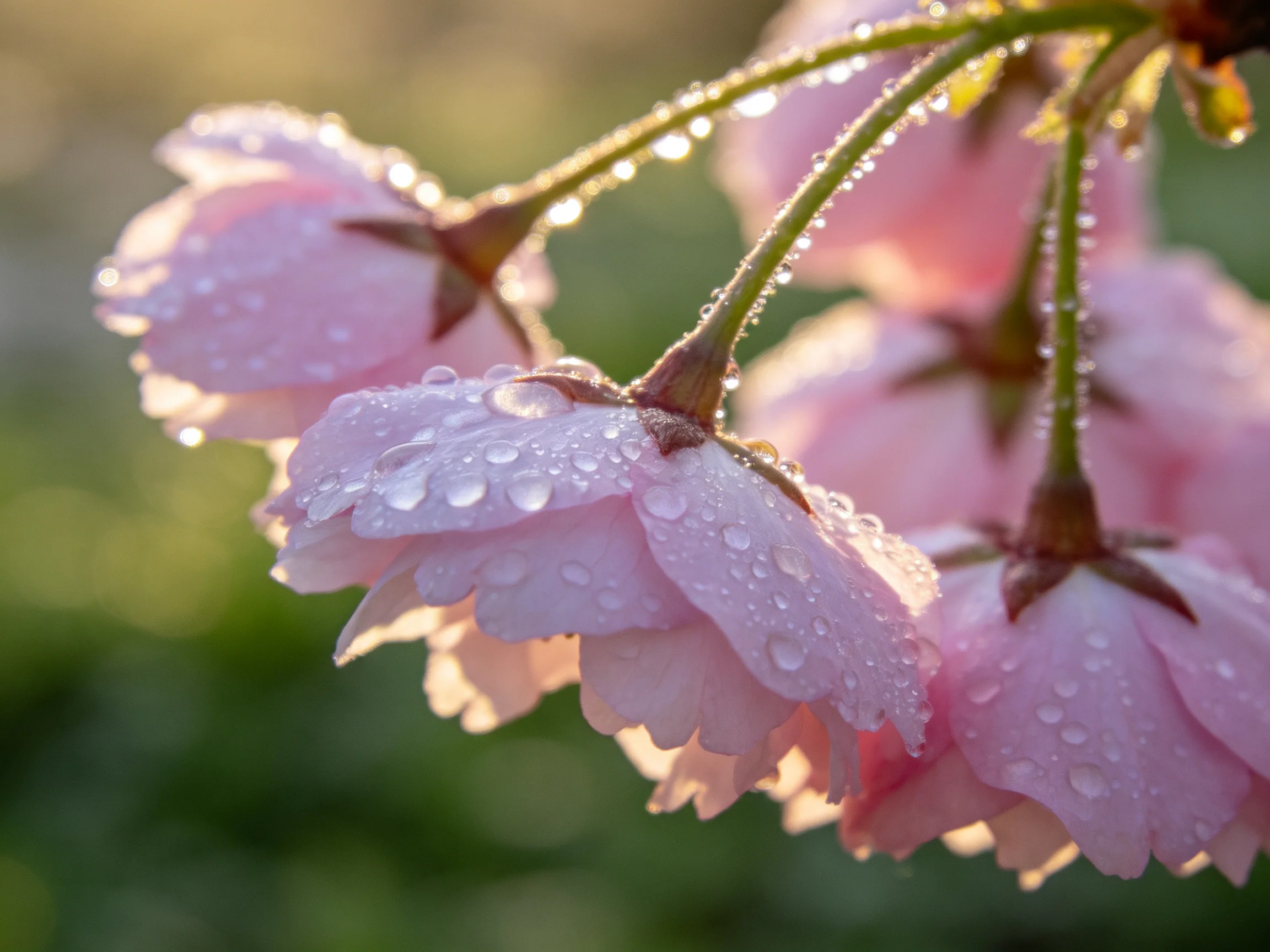 Pink cherry blossoms adorned with glistening dewdrops