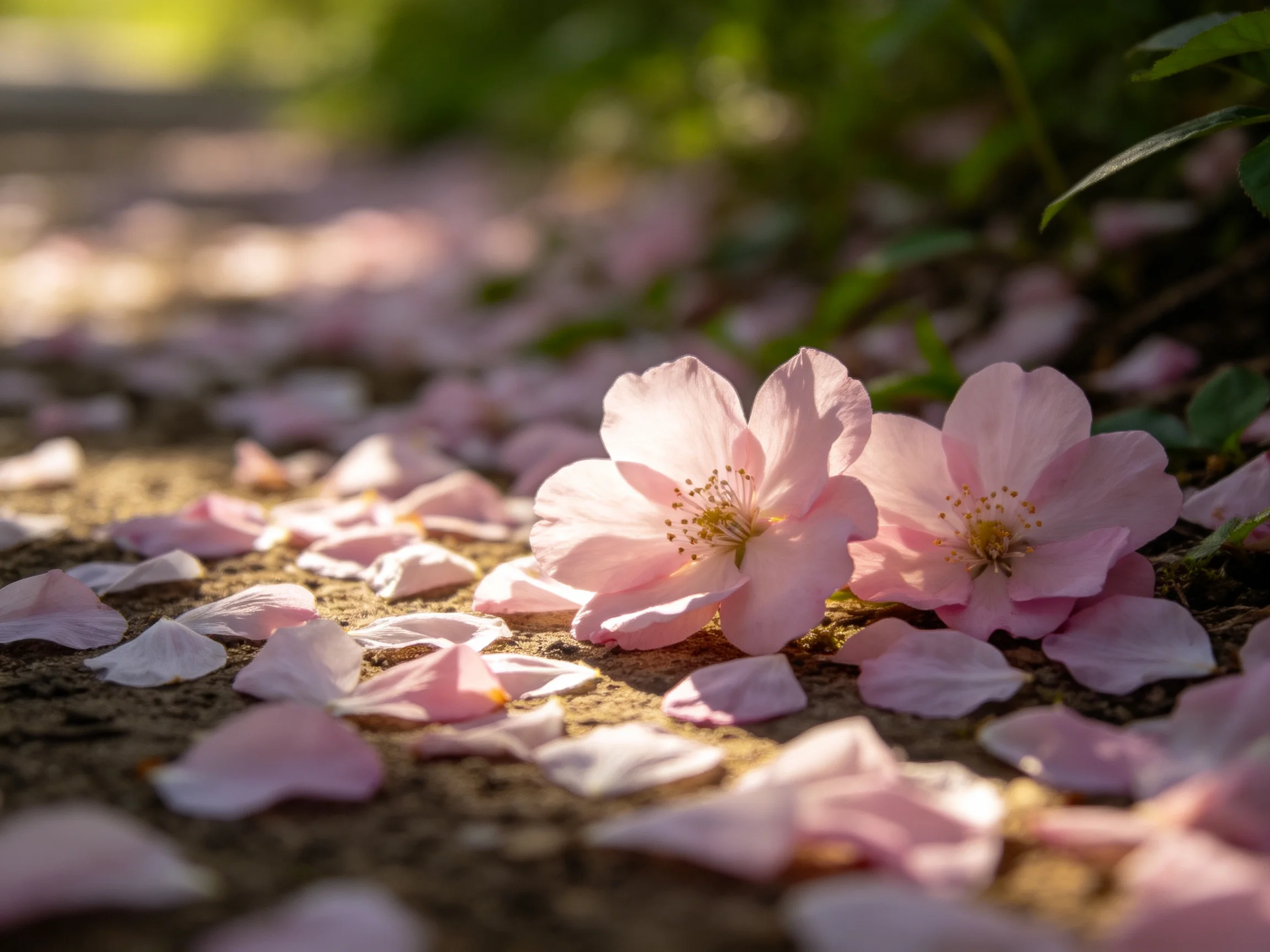 Pink cherry blossoms and scattered petals on a sunlit path