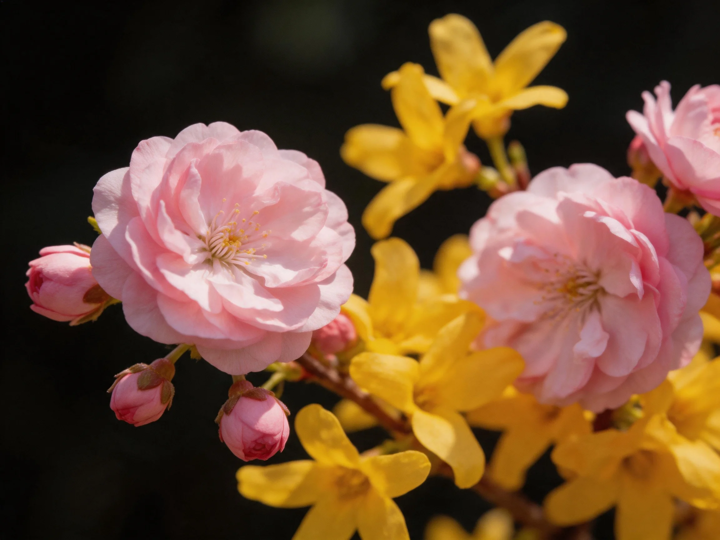 Pink cherry blossoms and yellow forsythia bloom vibrantly against a dark backdrop.