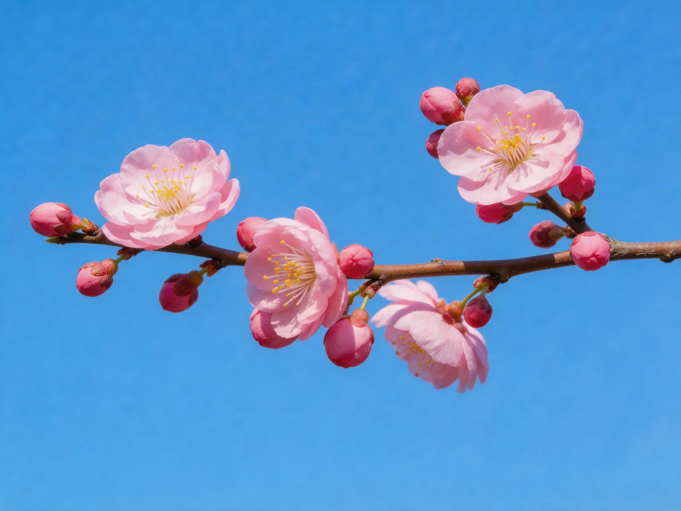 Pink cherry blossoms bloom on a branch with buds against a bright blue sky